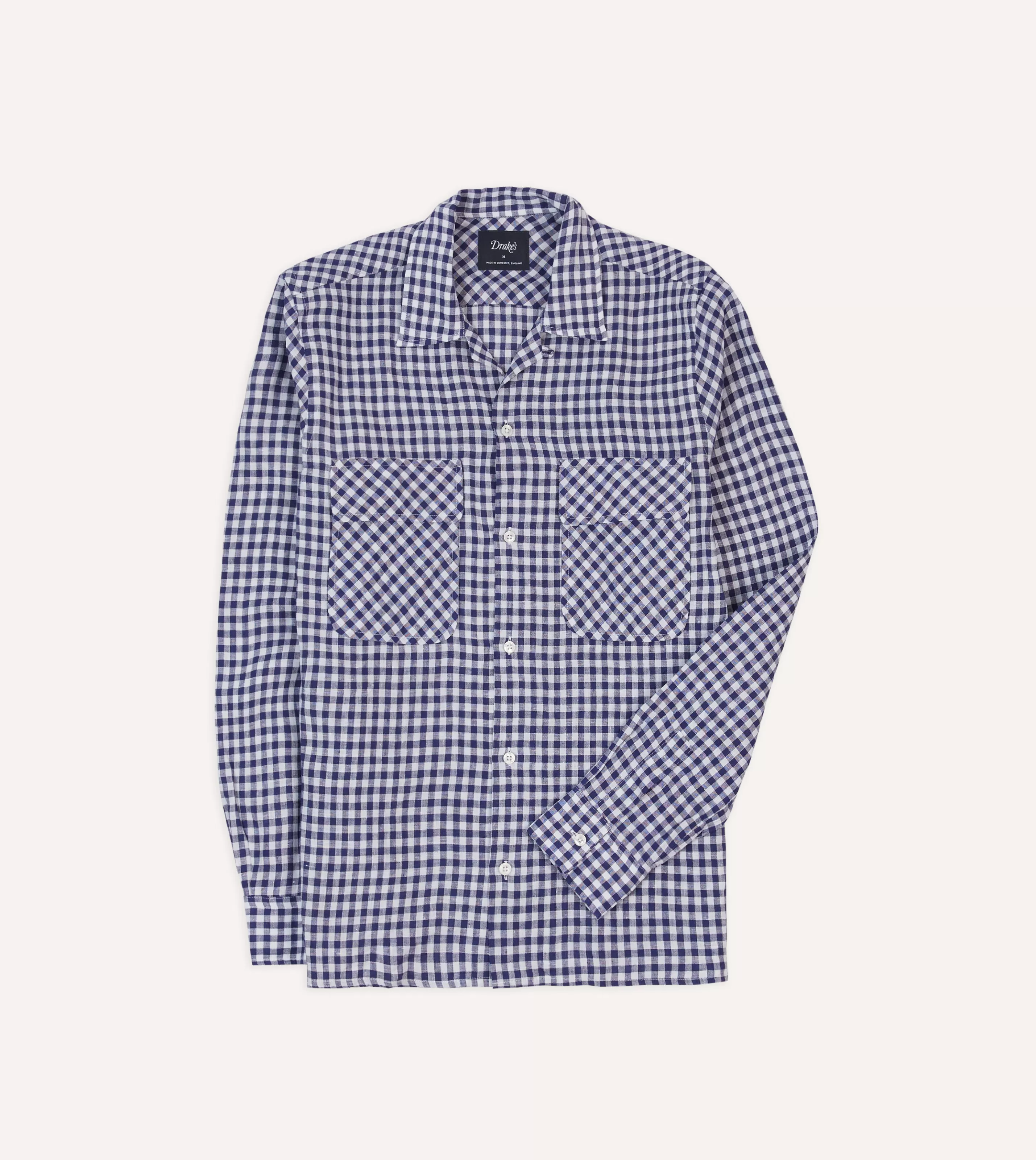 Drake’s Shirts | Casual Shirts | Navy Gingham Check Linen Camp Collar Long Sleeve Shirt