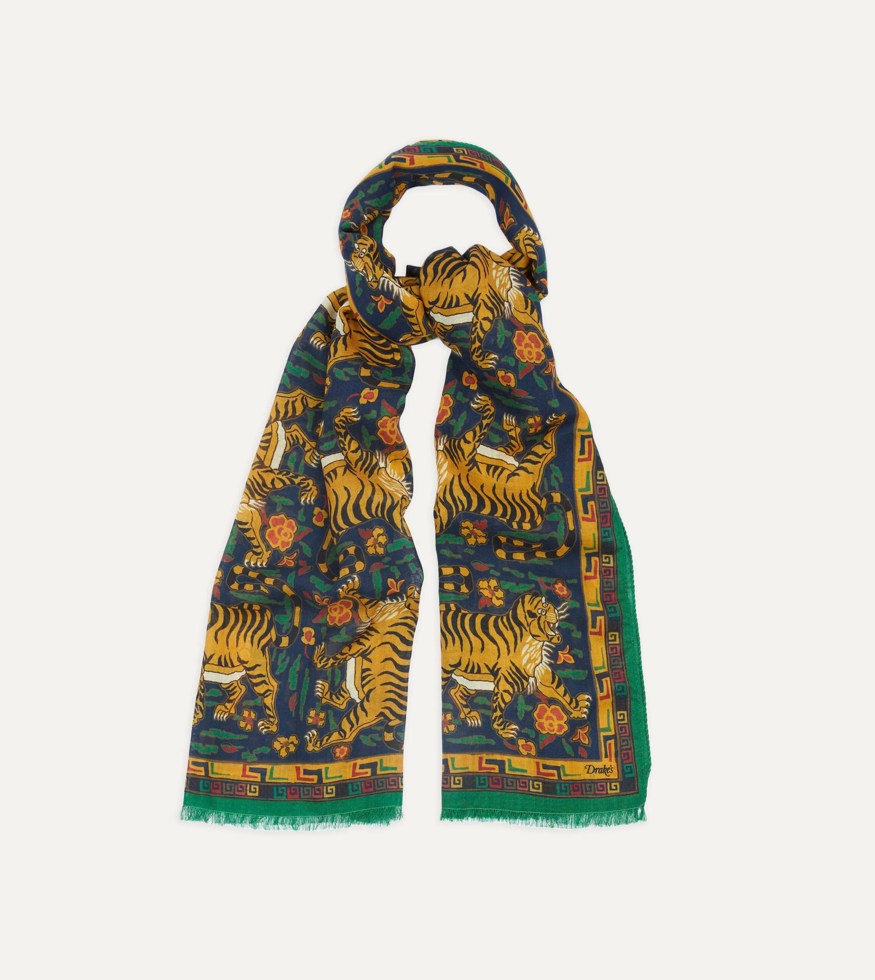 Drake’s Scarves | Navy Jumbo Tiger Print Wool-Silk Scarf