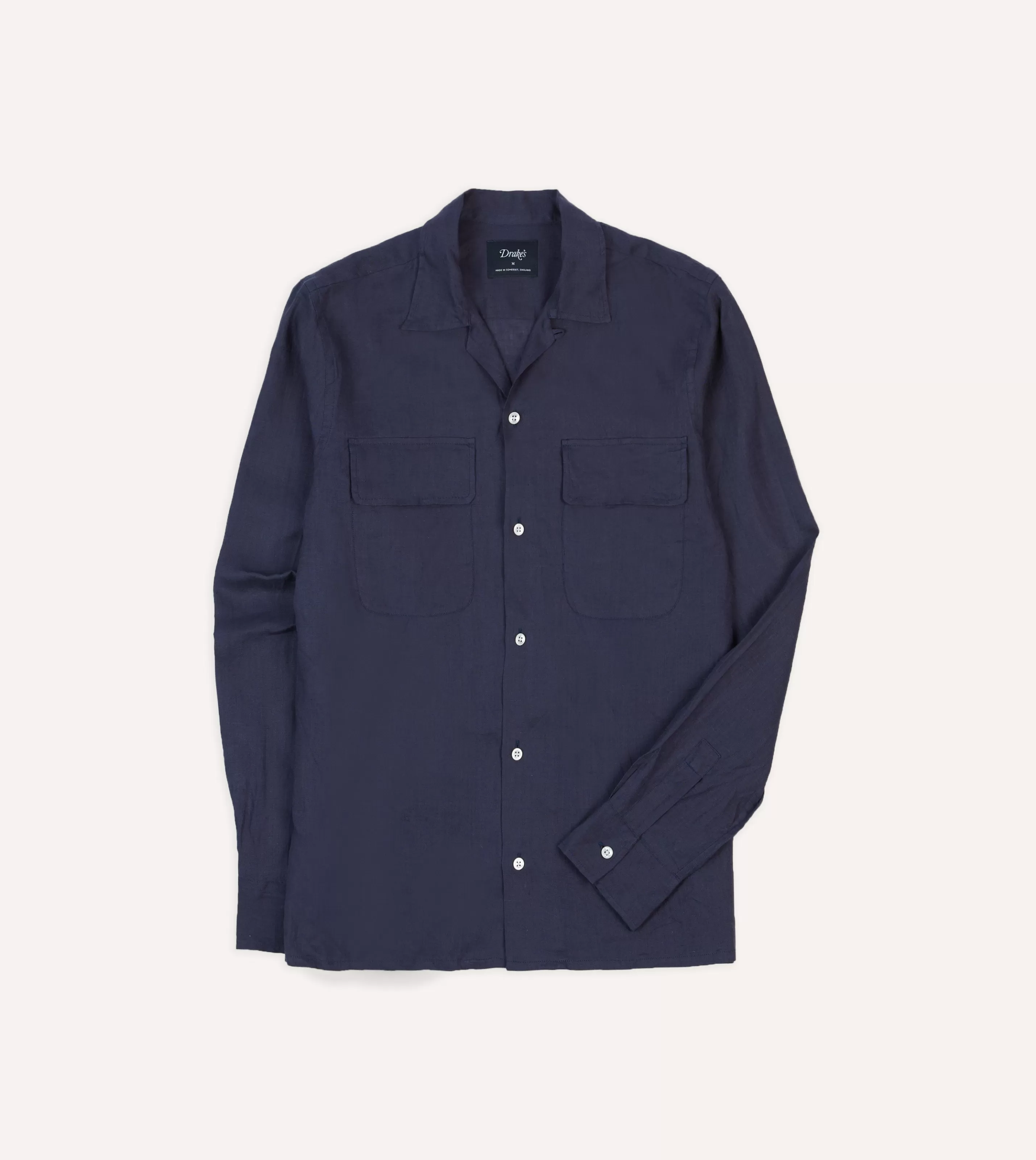 Drake’s Shirts | Casual Shirts | Linen Camp Collar Long Sleeve Shirt Navy