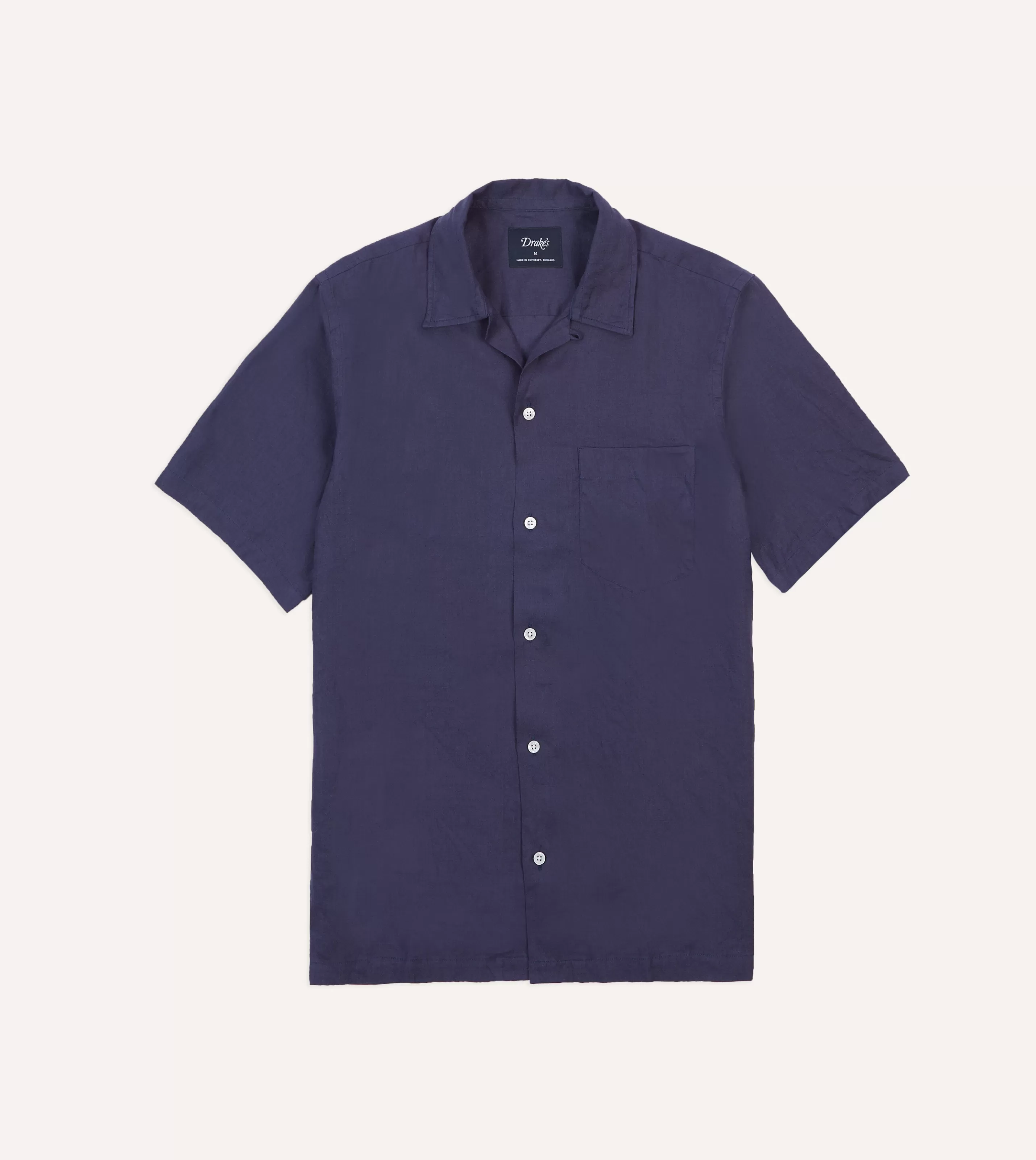 Drake’s Shirts | Short Sleeve Shirts | Navy Linen Camp Collar Short Sleeve Shirt