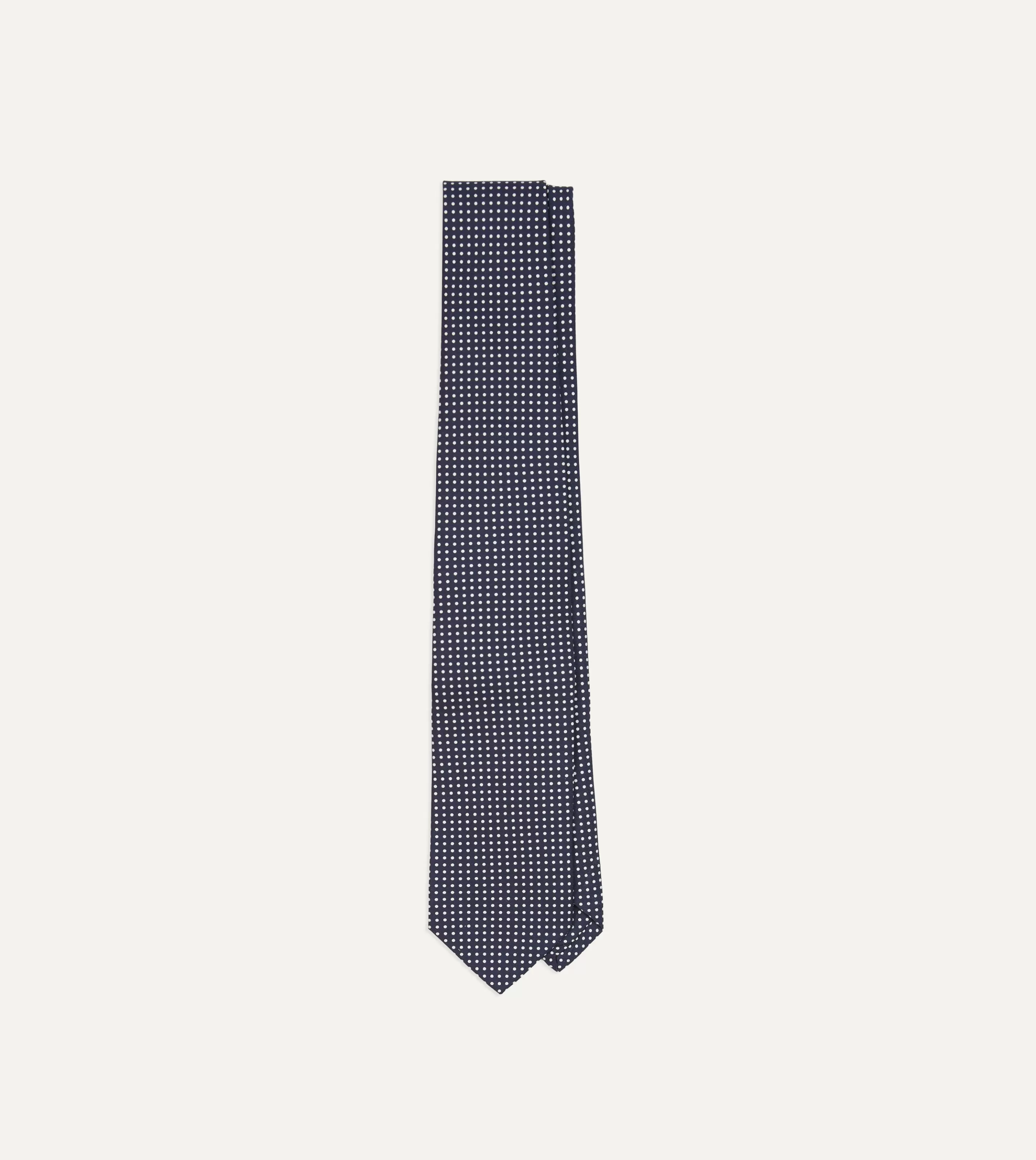 Drake’s Patterned Ties | Navy Micro Polka Dot Silk Self-Tipped Tie