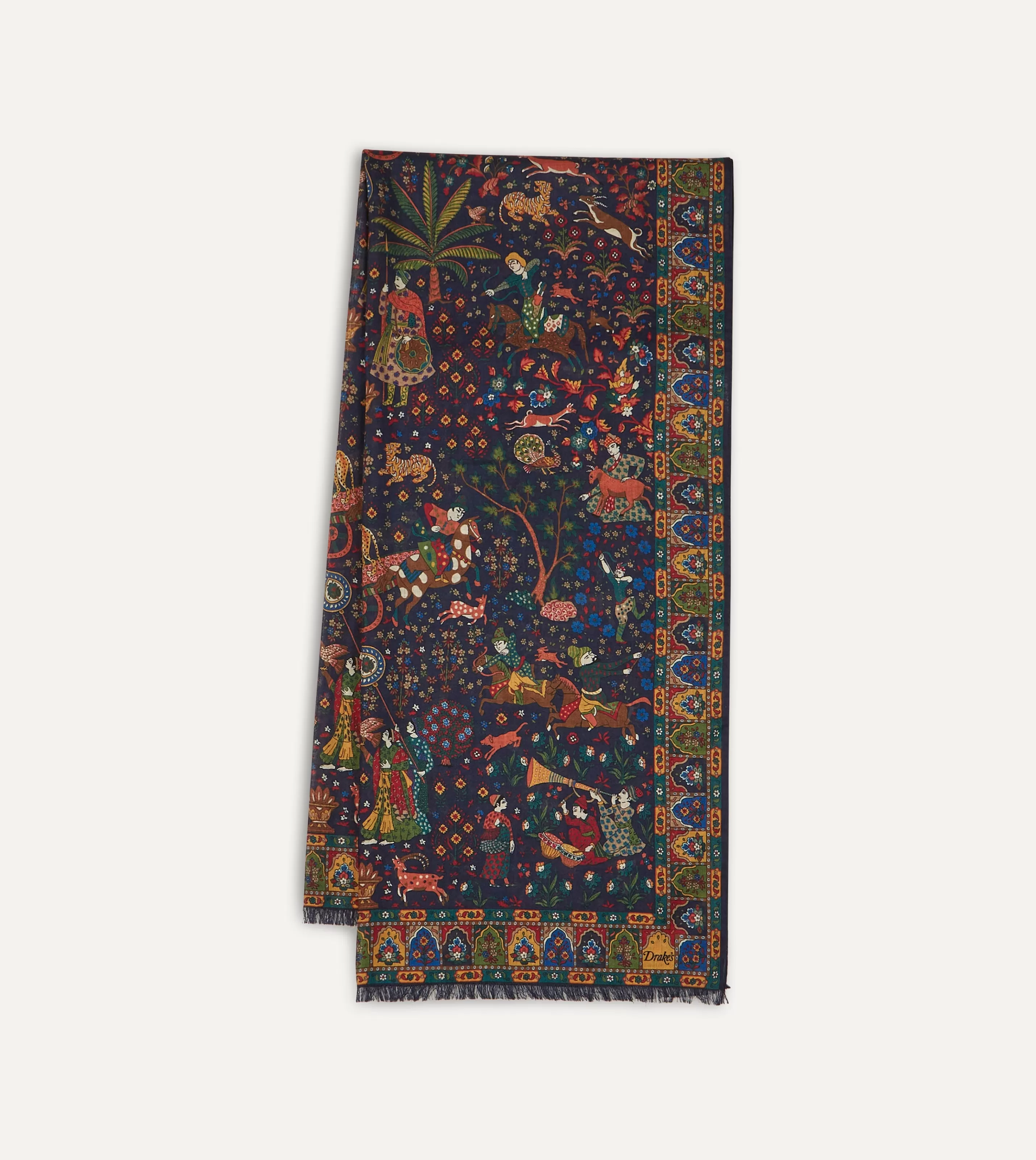 Drake’s Scarves | Scarves | Mughal Hunter Print Wool-Silk Scarf Navy