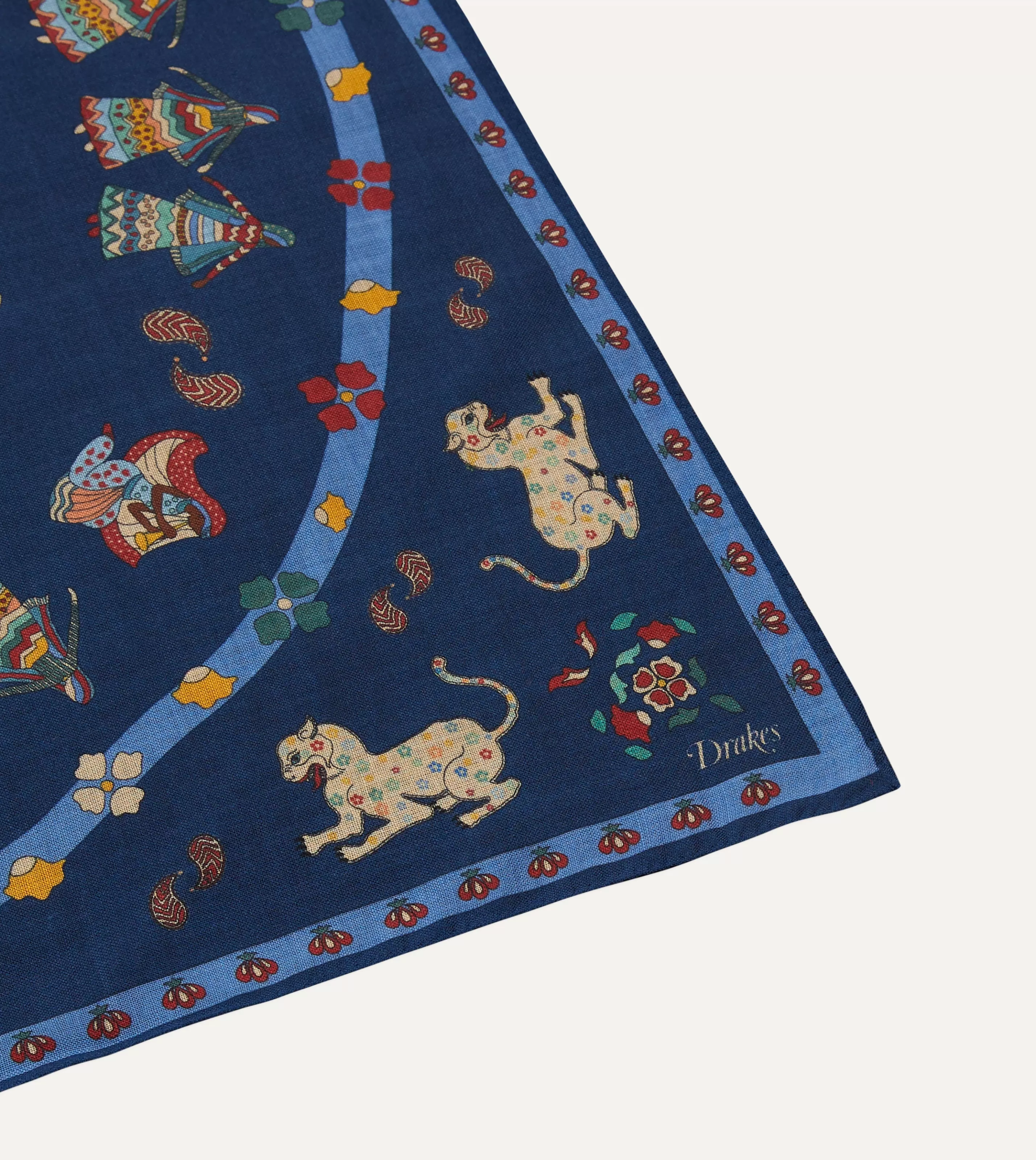 Drake’s Bandanas | Navy Mughal Leopards Print Wool-Silk Bandana