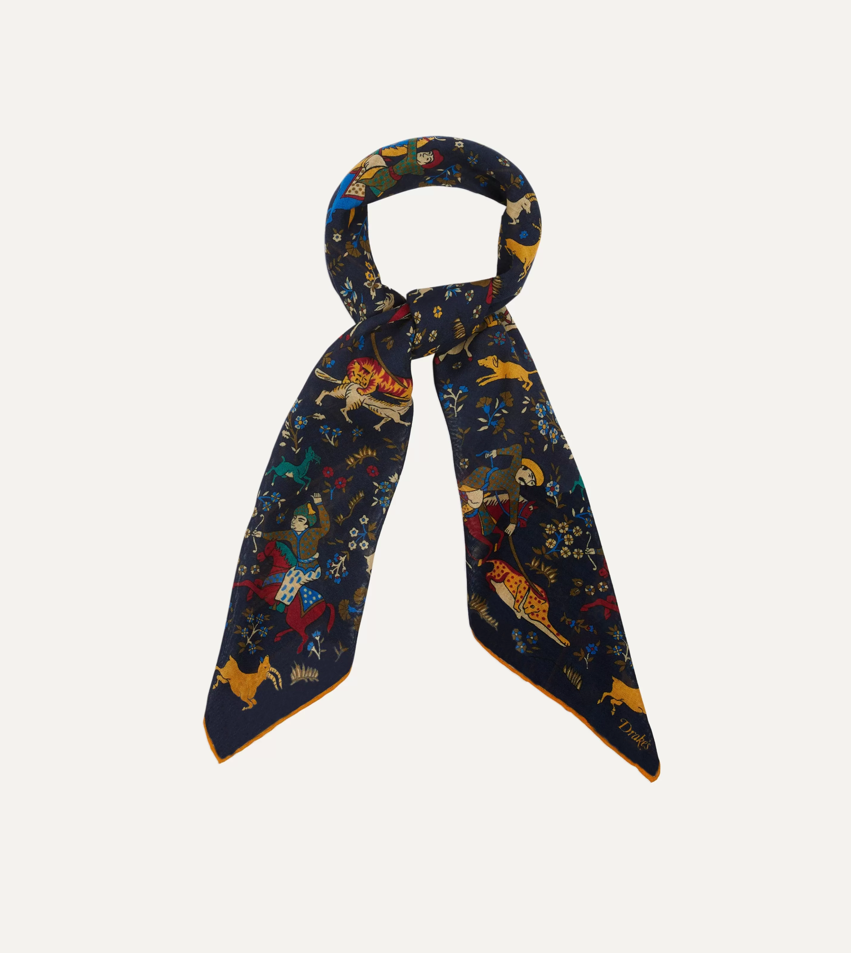 Drake’s Scarves | Scarves | Navy Mughal Print Wool-Silk Square Scarf