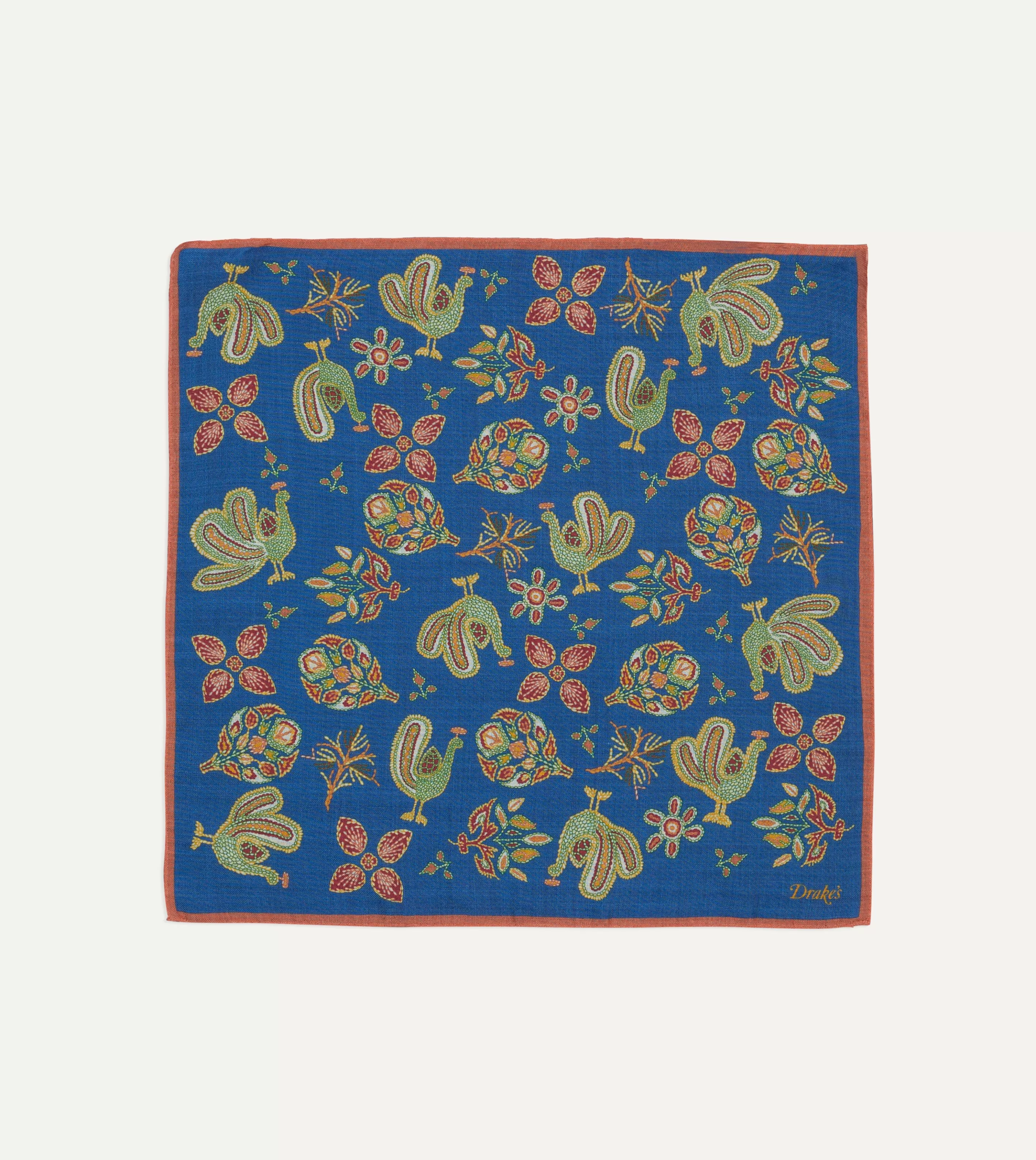 Drake’s Pocket Squares | Navy Peacock Print Wool-Silk Pocket Square