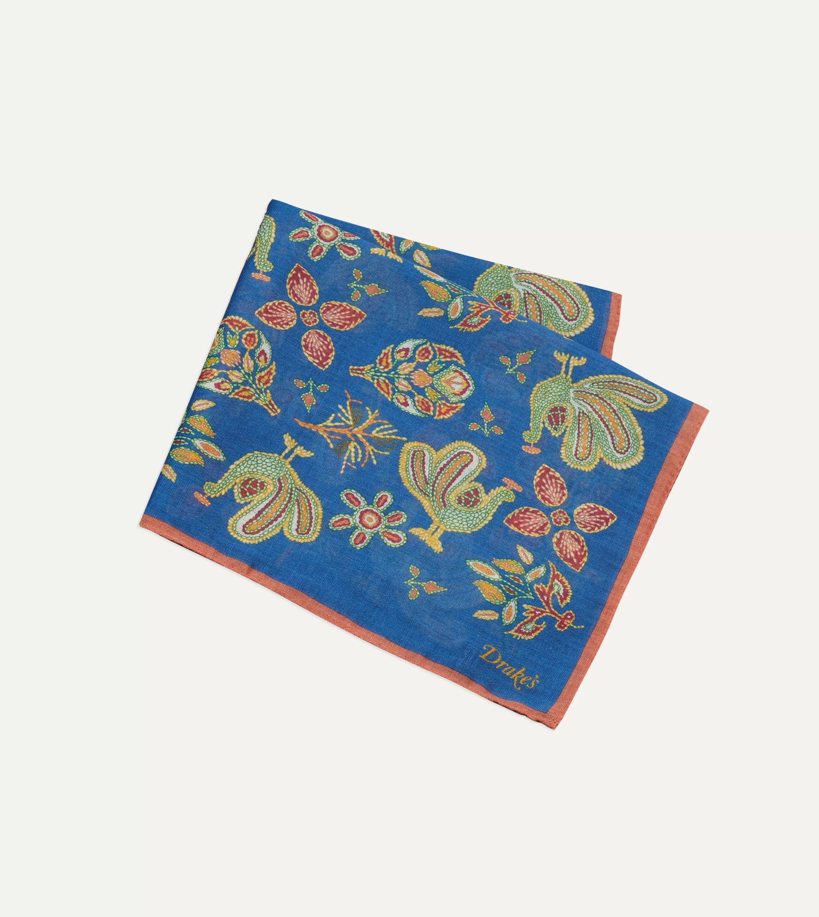 Drake’s Pocket Squares | Navy Peacock Print Wool-Silk Pocket Square