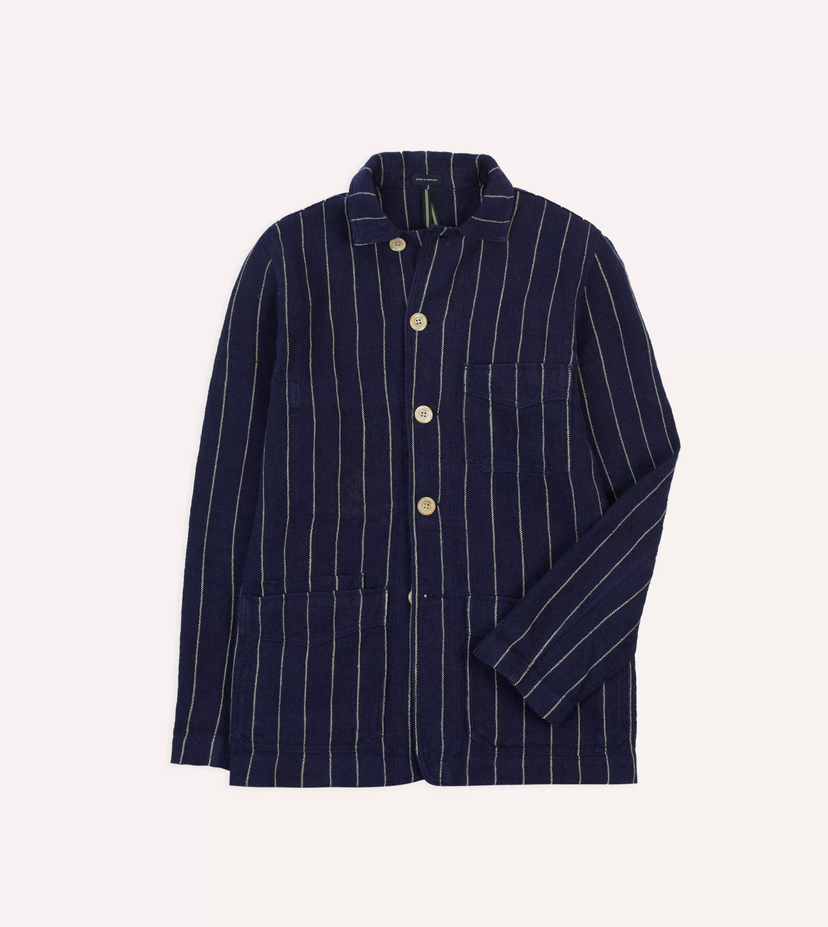 Drake’s Coats & Jackets | Chore Jackets | Navy Pinstripe Heavy Linen Five-Pocket Chore Jacket