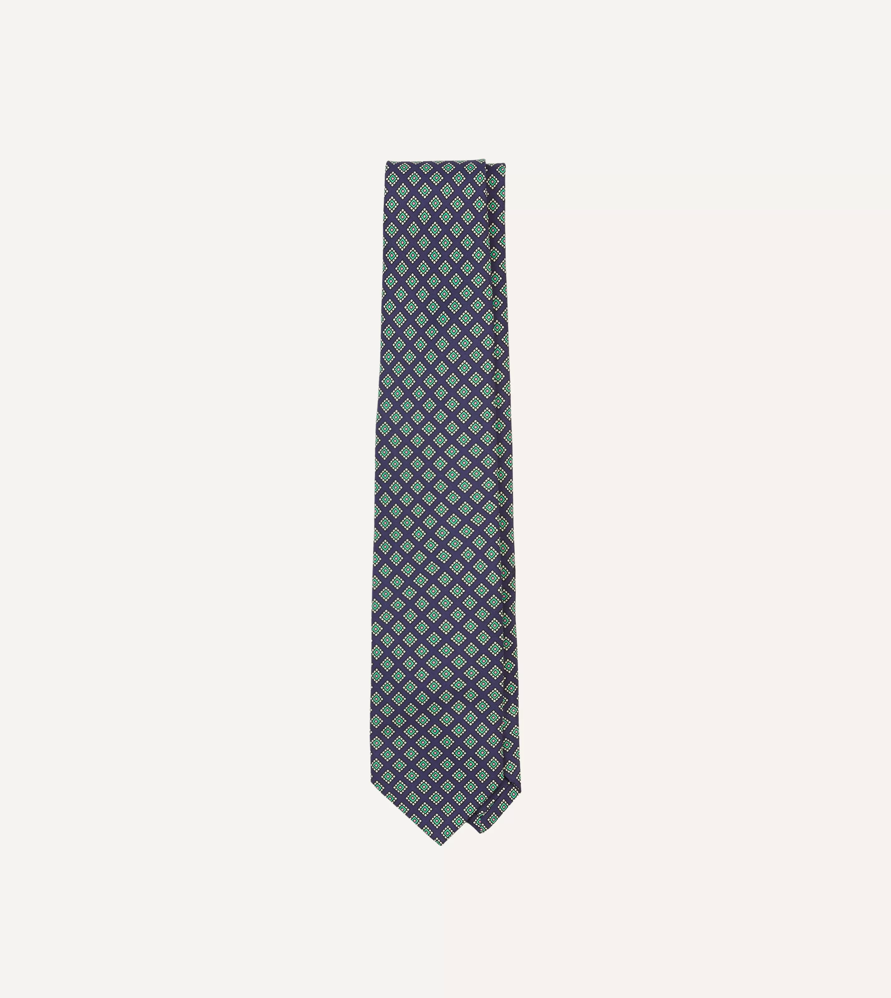 Drake’s Patterned Ties | Square Medallion Self-Tipped Silk Tie Navy