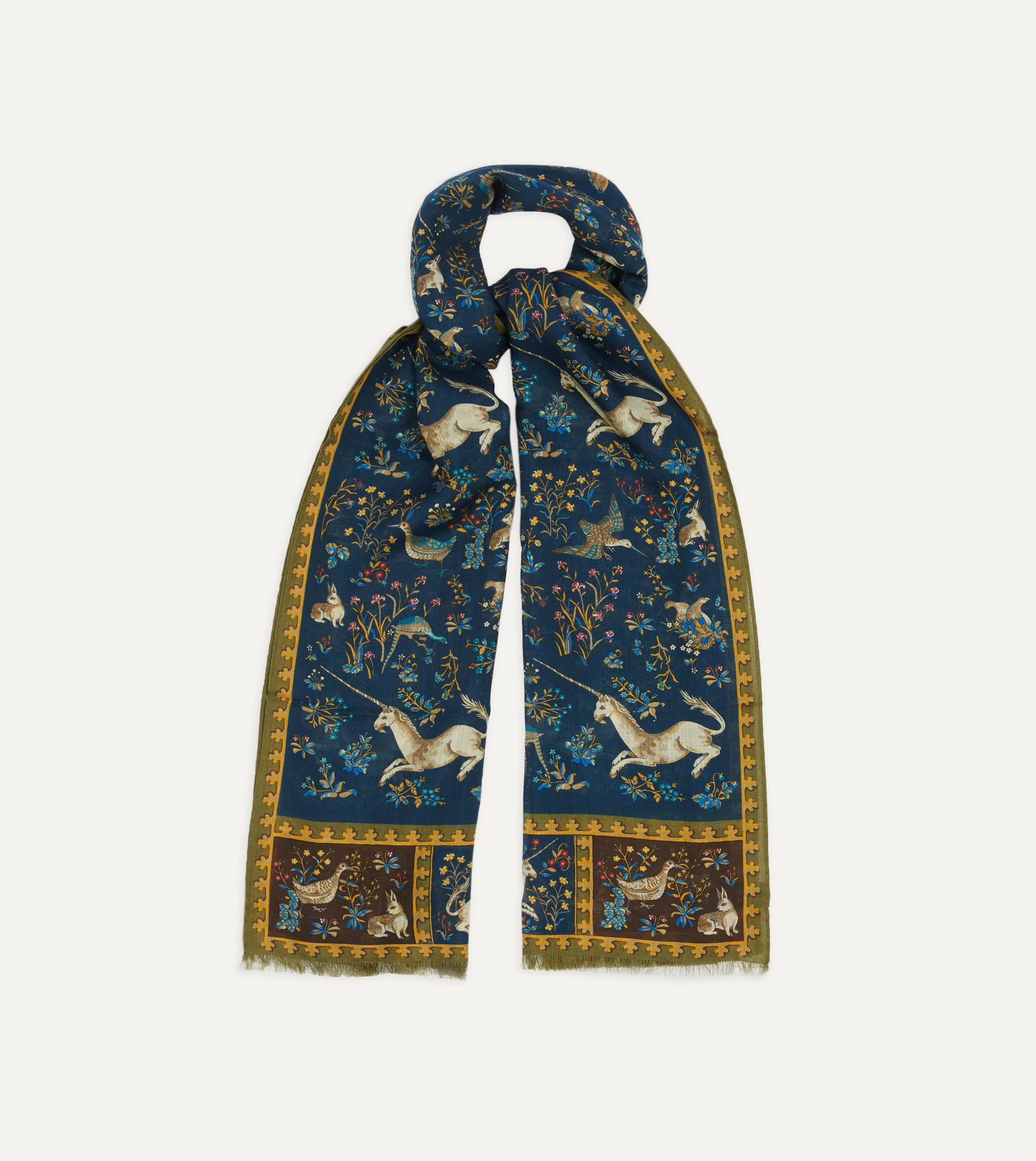 Drake’s Scarves | Scarves | Navy Unicorn Print Wool-Silk Scarf