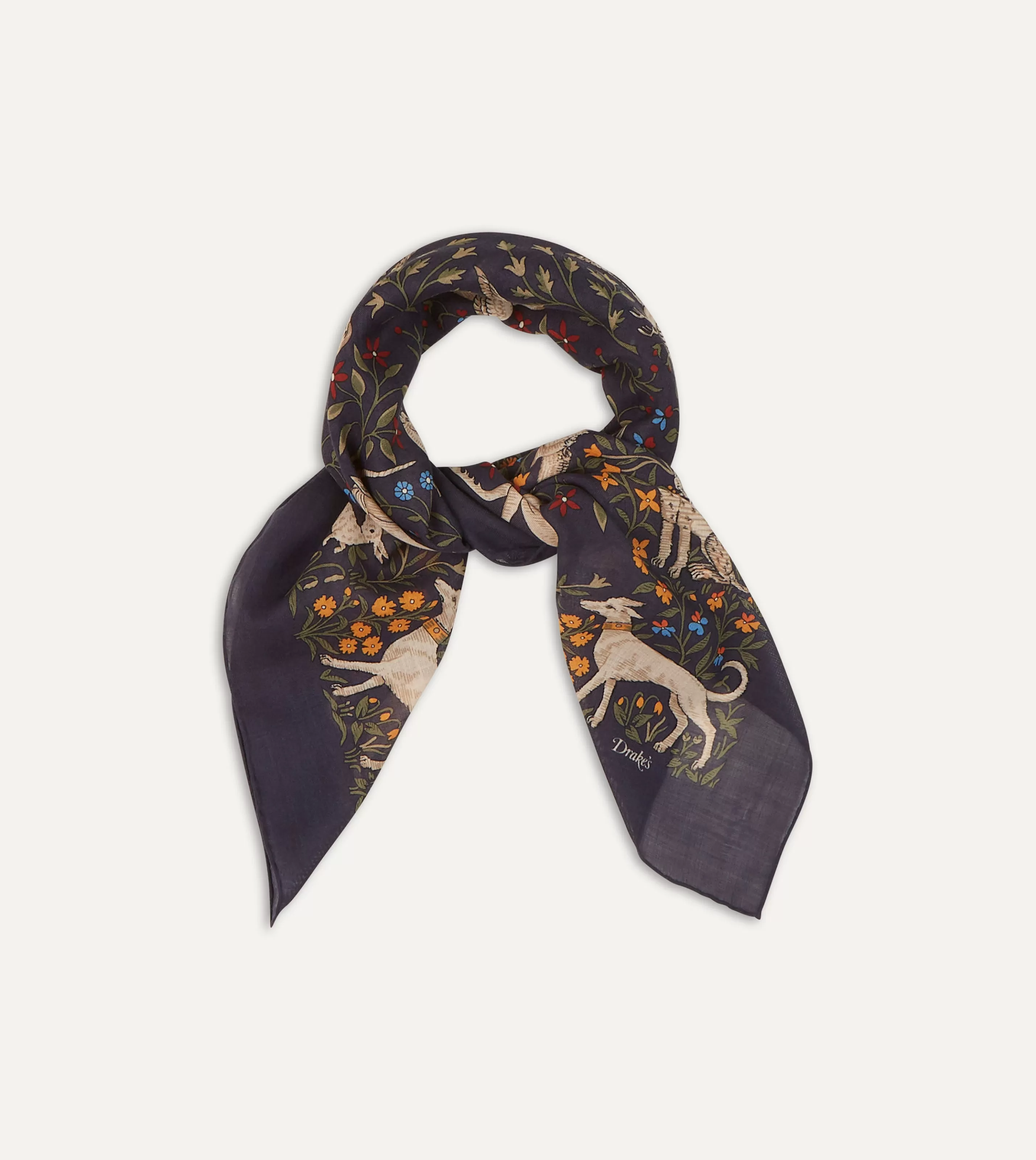 Drake’s Scarves | Scarves | Navy Unicorn Print Wool-Silk Square Scarf