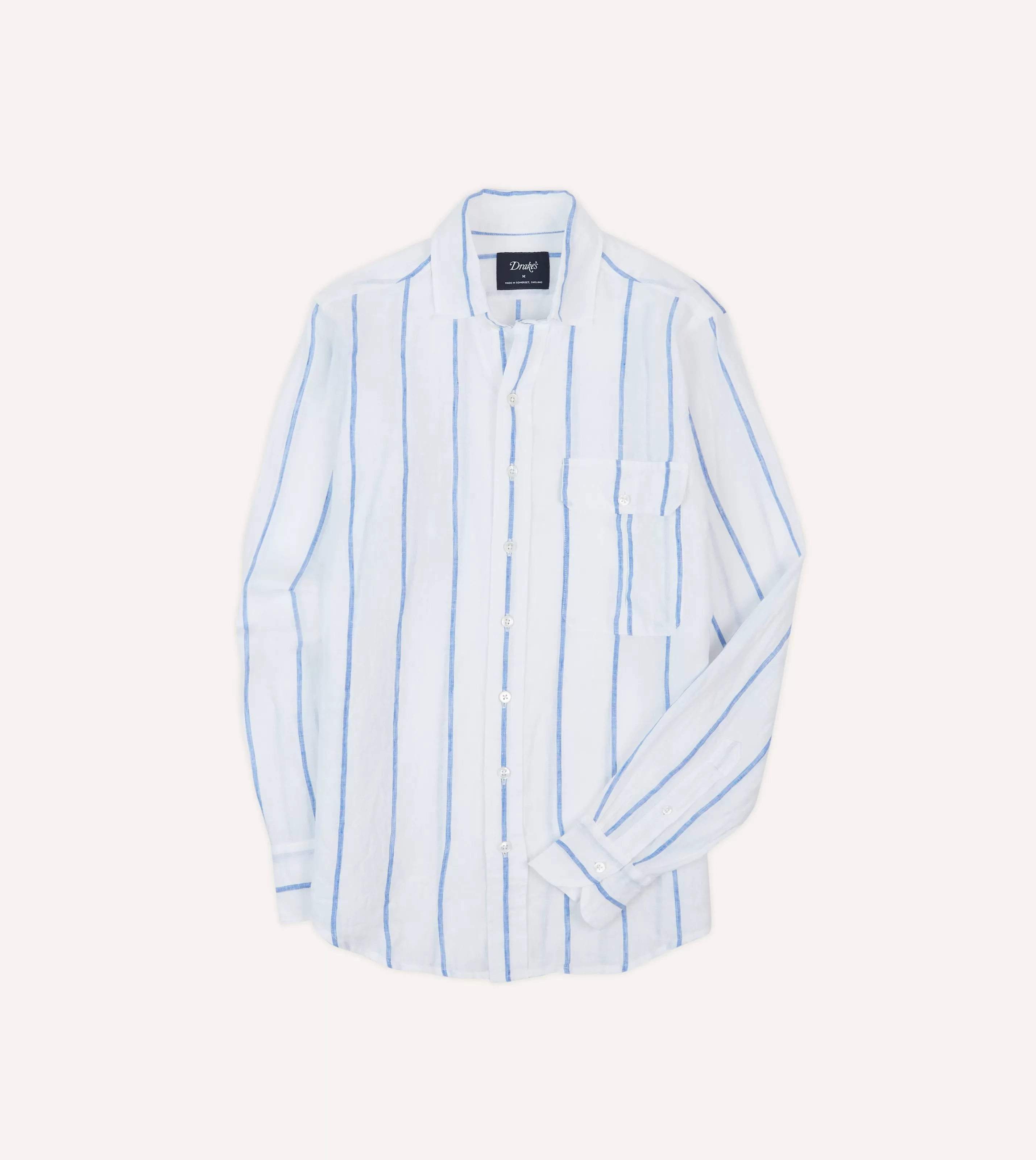 Drake’s Shirts | Casual Shirts | Navy Wide Stripe Linen Spread Collar Shirt