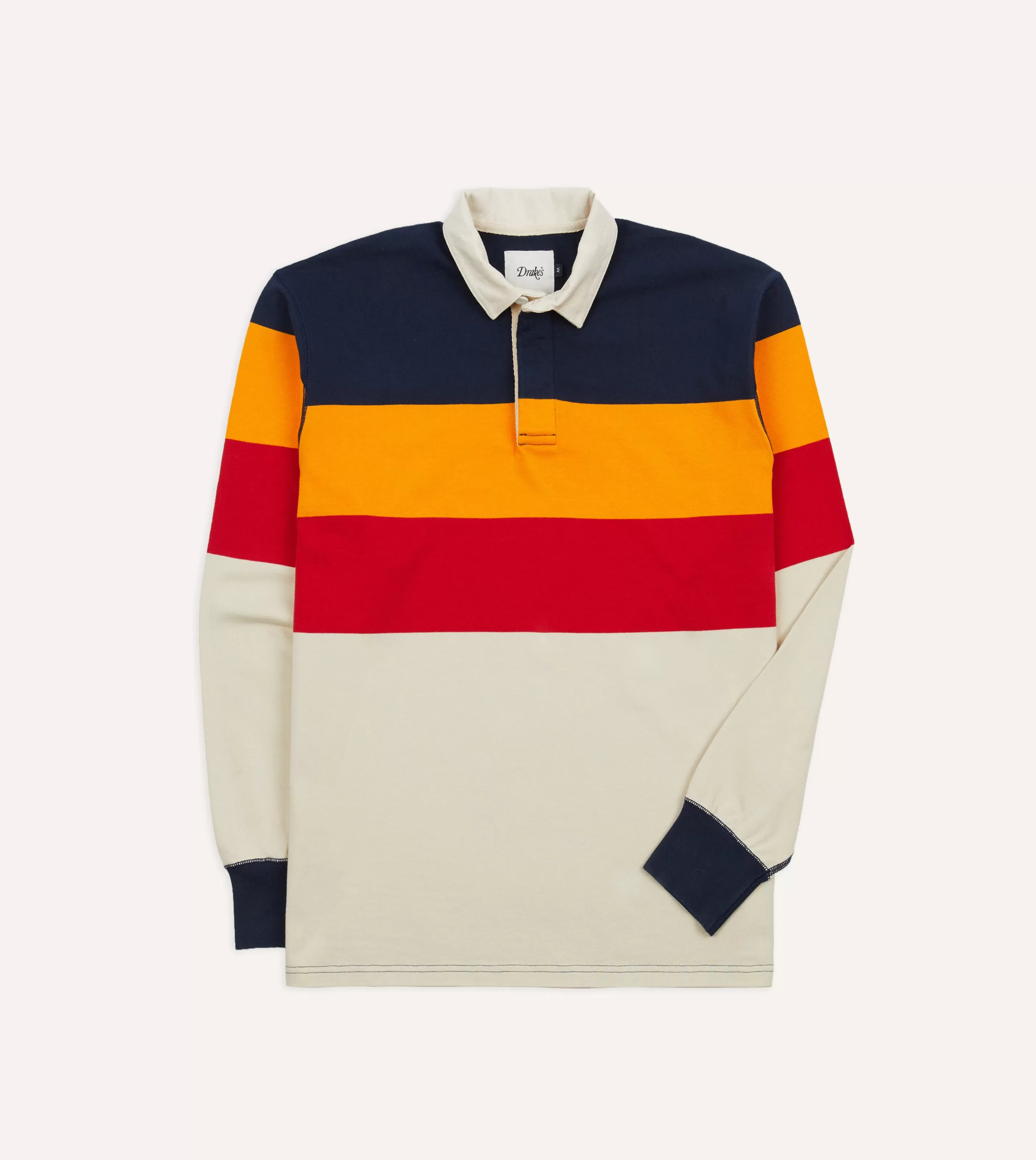 Drake’s Rugby Shirts | Casual Shirts | Navy, Yellow And Red Block Stripe Cotton Rugby Shirt