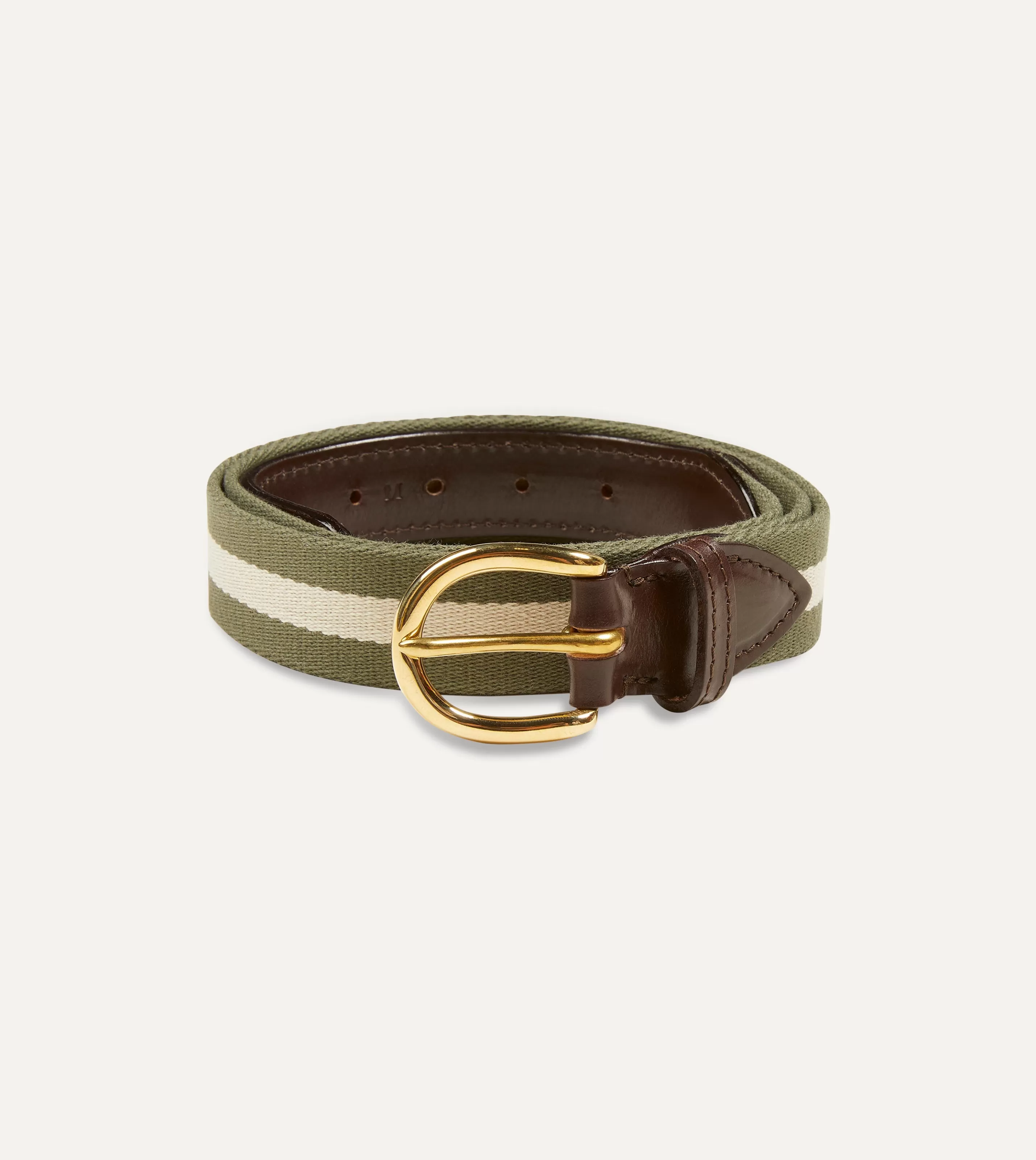 Drake’s Belts | Belts | Olive And Ecru Stripe Webbing And Leather Belt With Brass Buckle