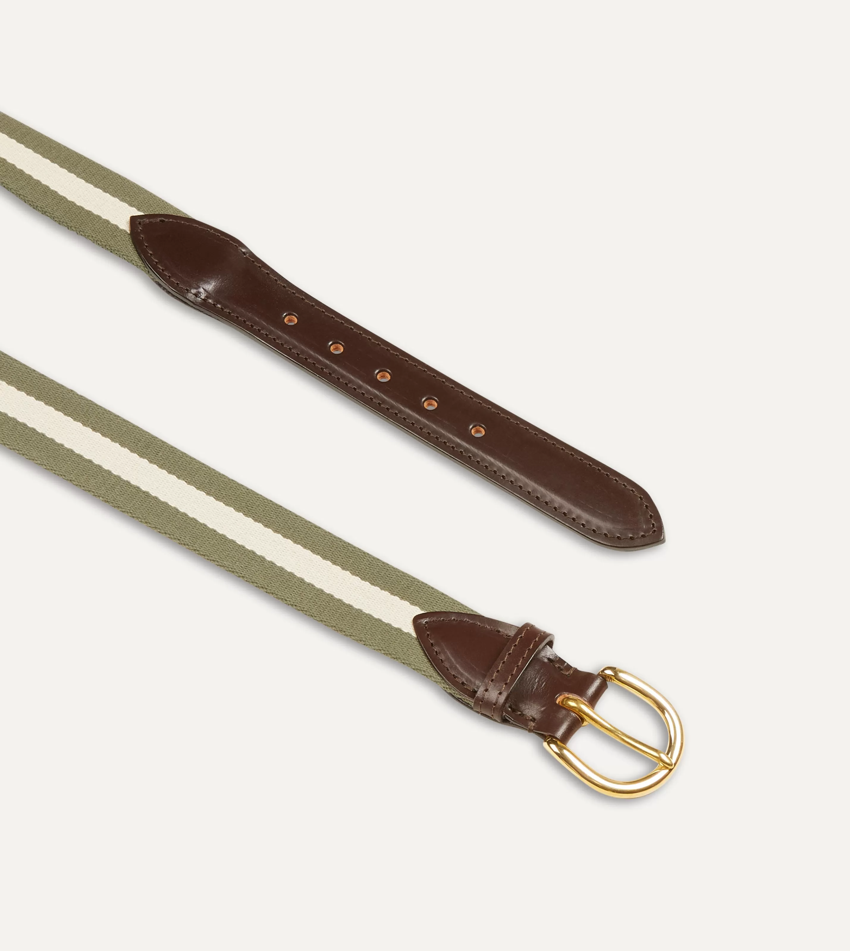 Drake’s Belts | Belts | Olive And Ecru Stripe Webbing And Leather Belt With Brass Buckle