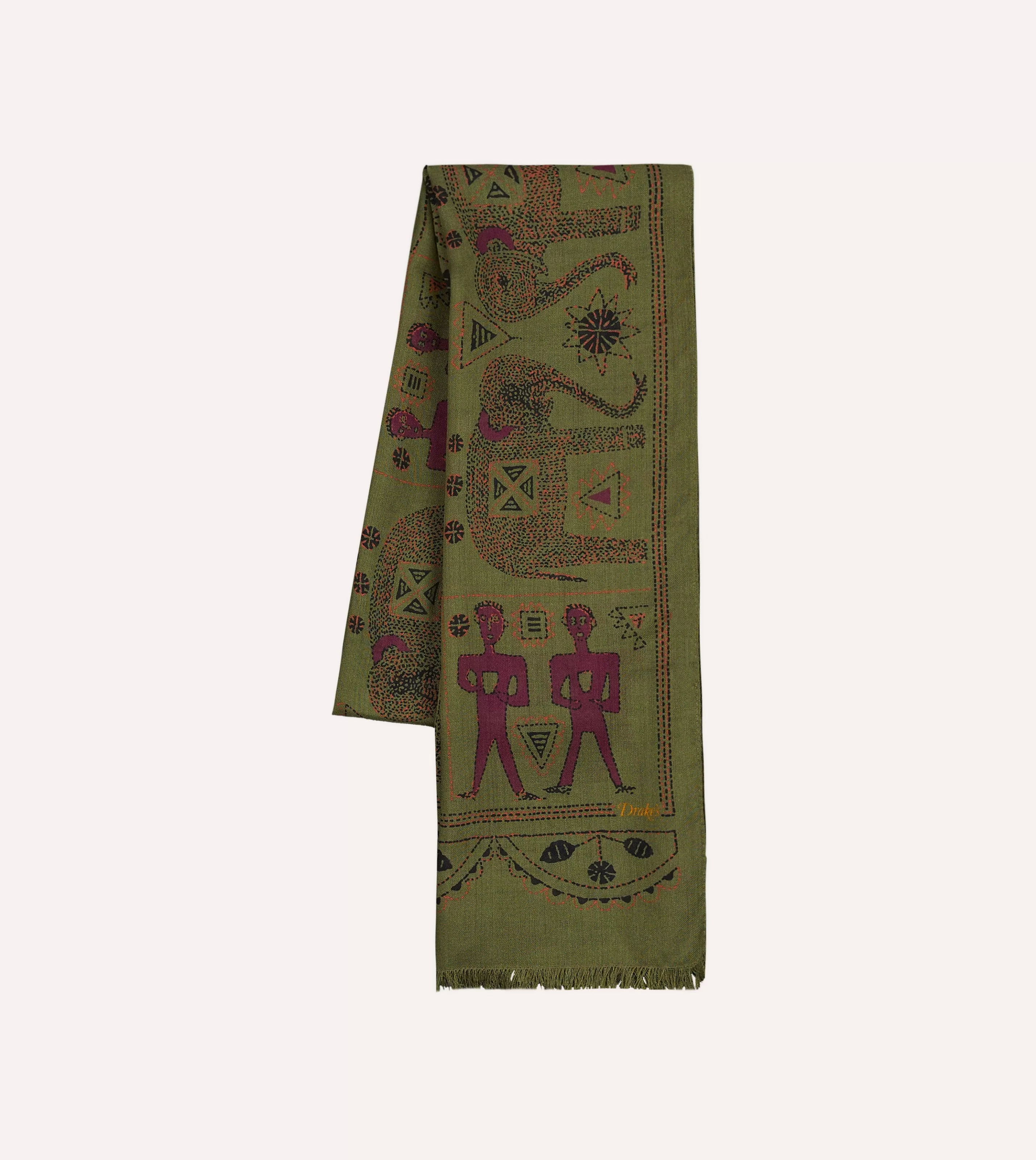 Drake’s Scarves | Olive Elephant Print Wool-Silk Scarf