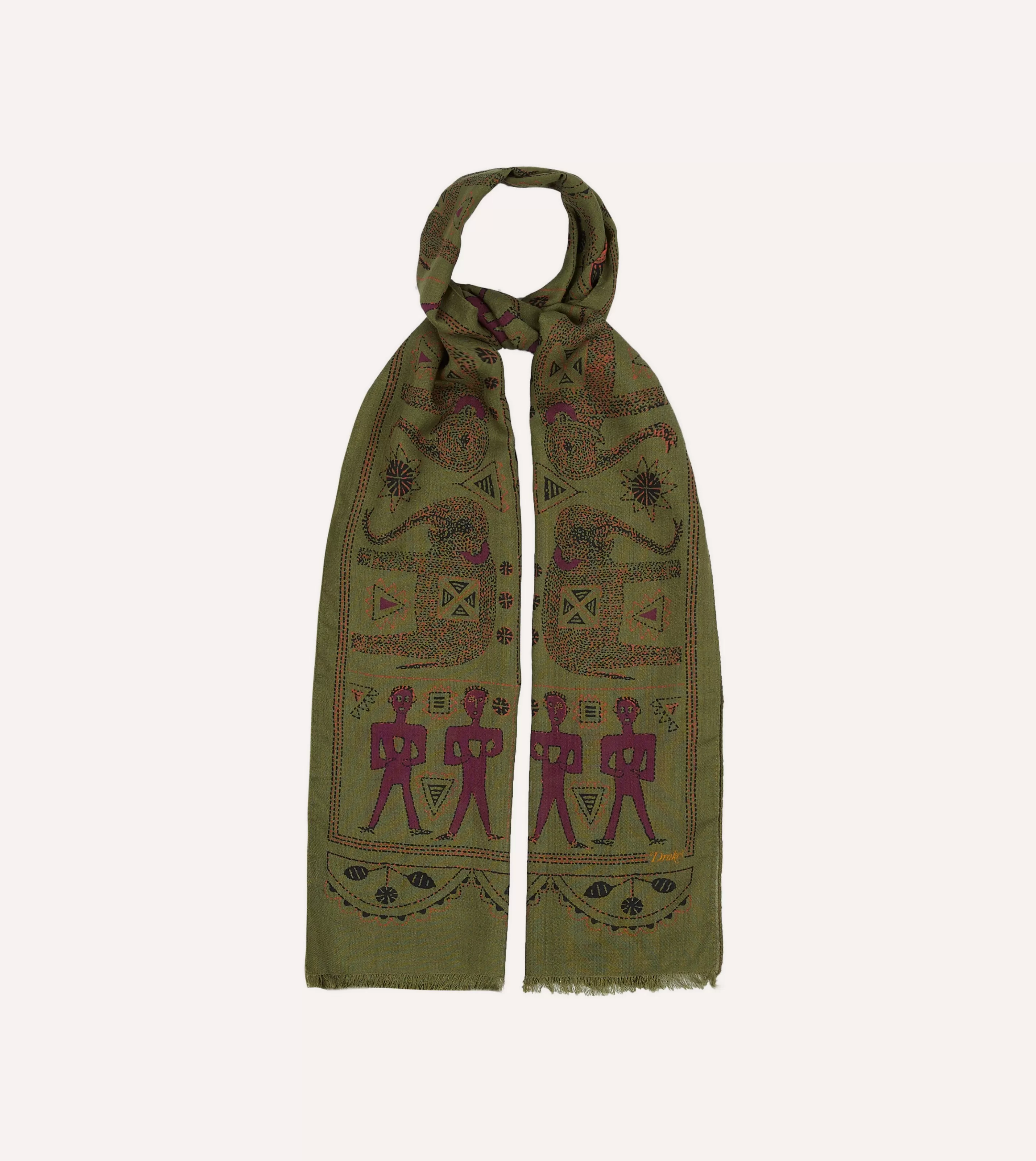 Drake’s Scarves | Olive Elephant Print Wool-Silk Scarf