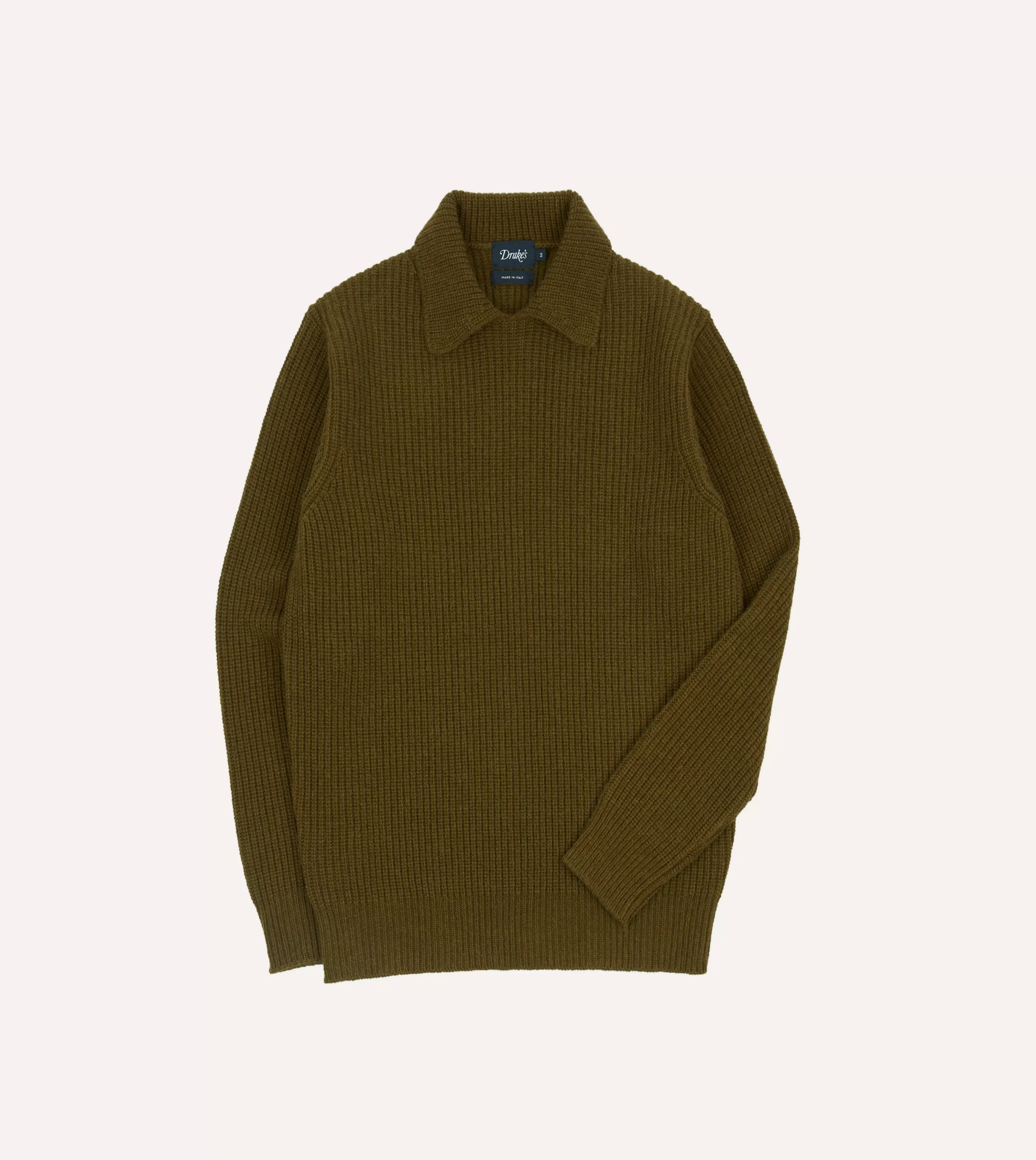 Drake’s Knitwear | Green Alpaca Lambswool Ribbed Integral Collar Jumper Olive