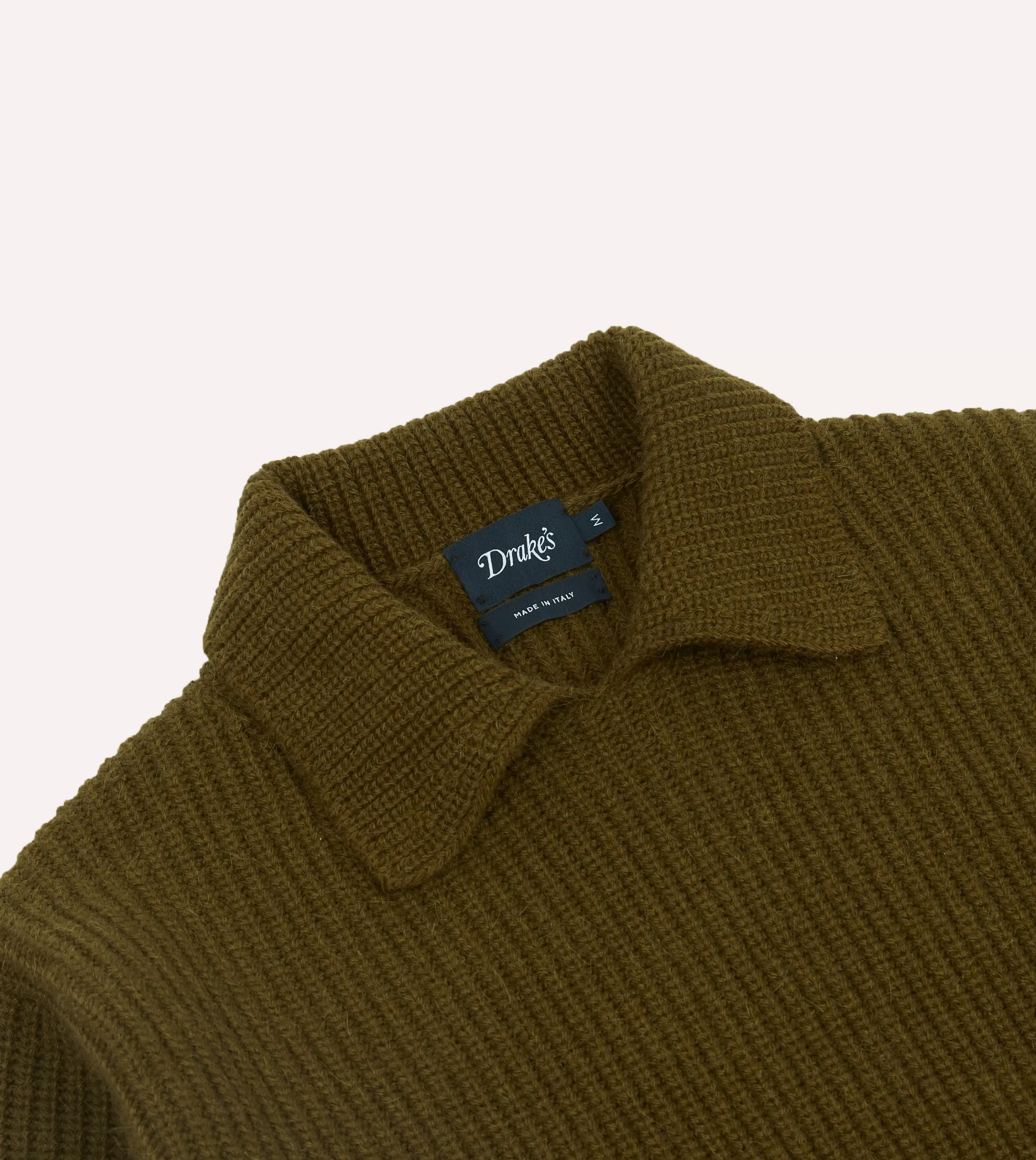 Drake’s Knitwear | Green Alpaca Lambswool Ribbed Integral Collar Jumper Olive