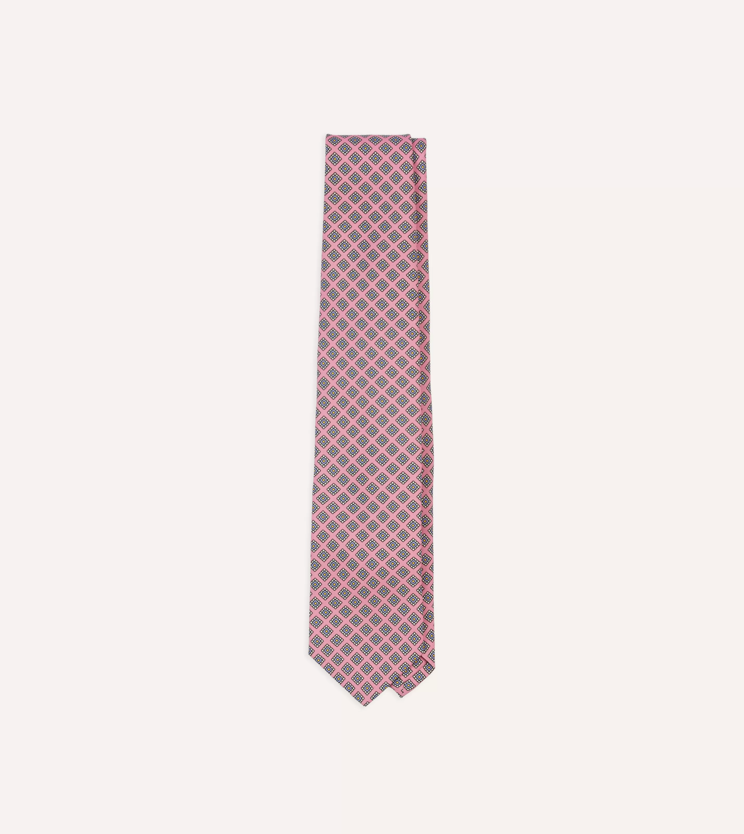 Drake’s Patterned Ties | Square Medallion Self-Tipped Silk Tie Pink