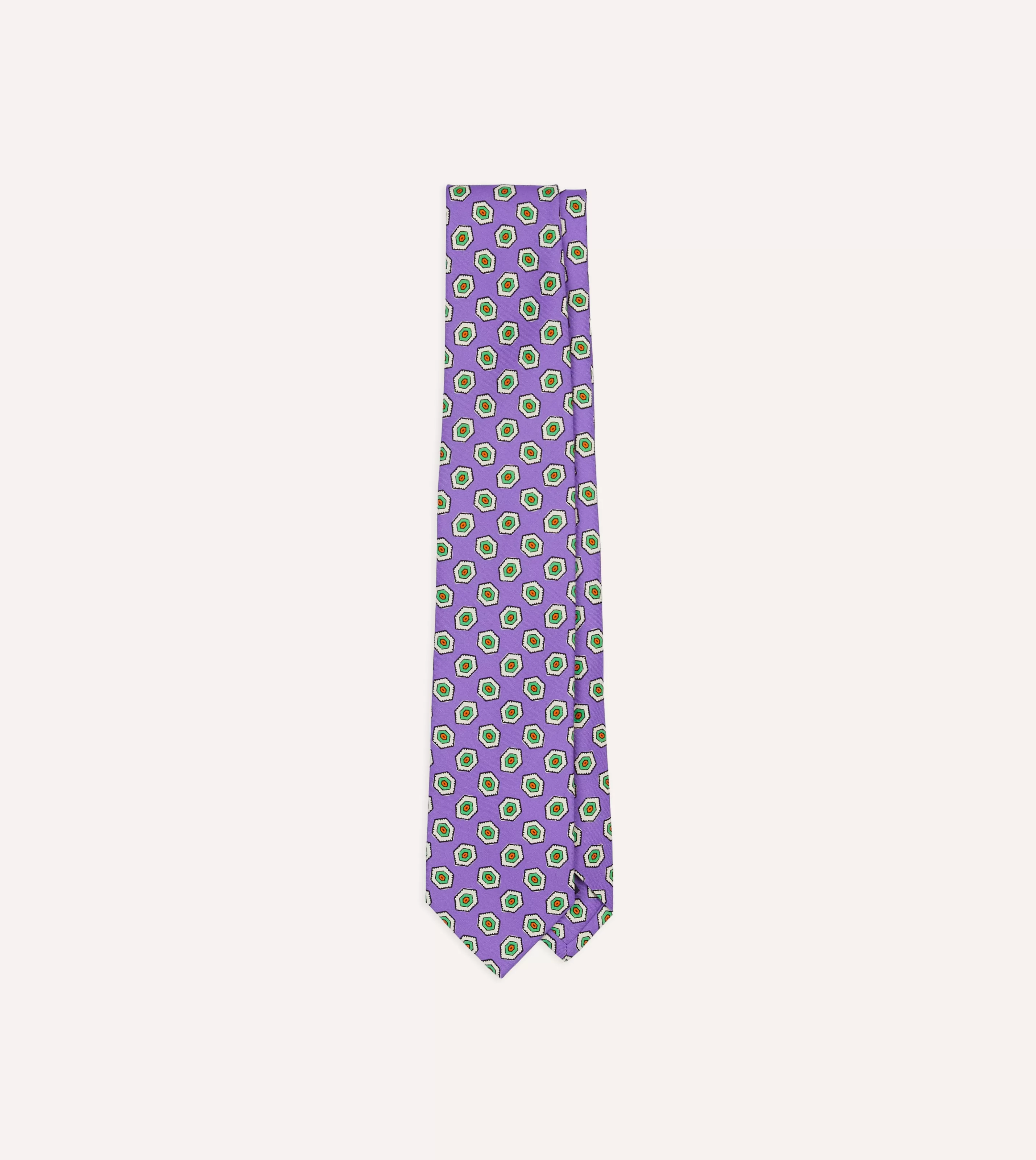 Drake’s Patterned Ties | Hexagon Tile Print Silk Self-Tipped Tie Purple