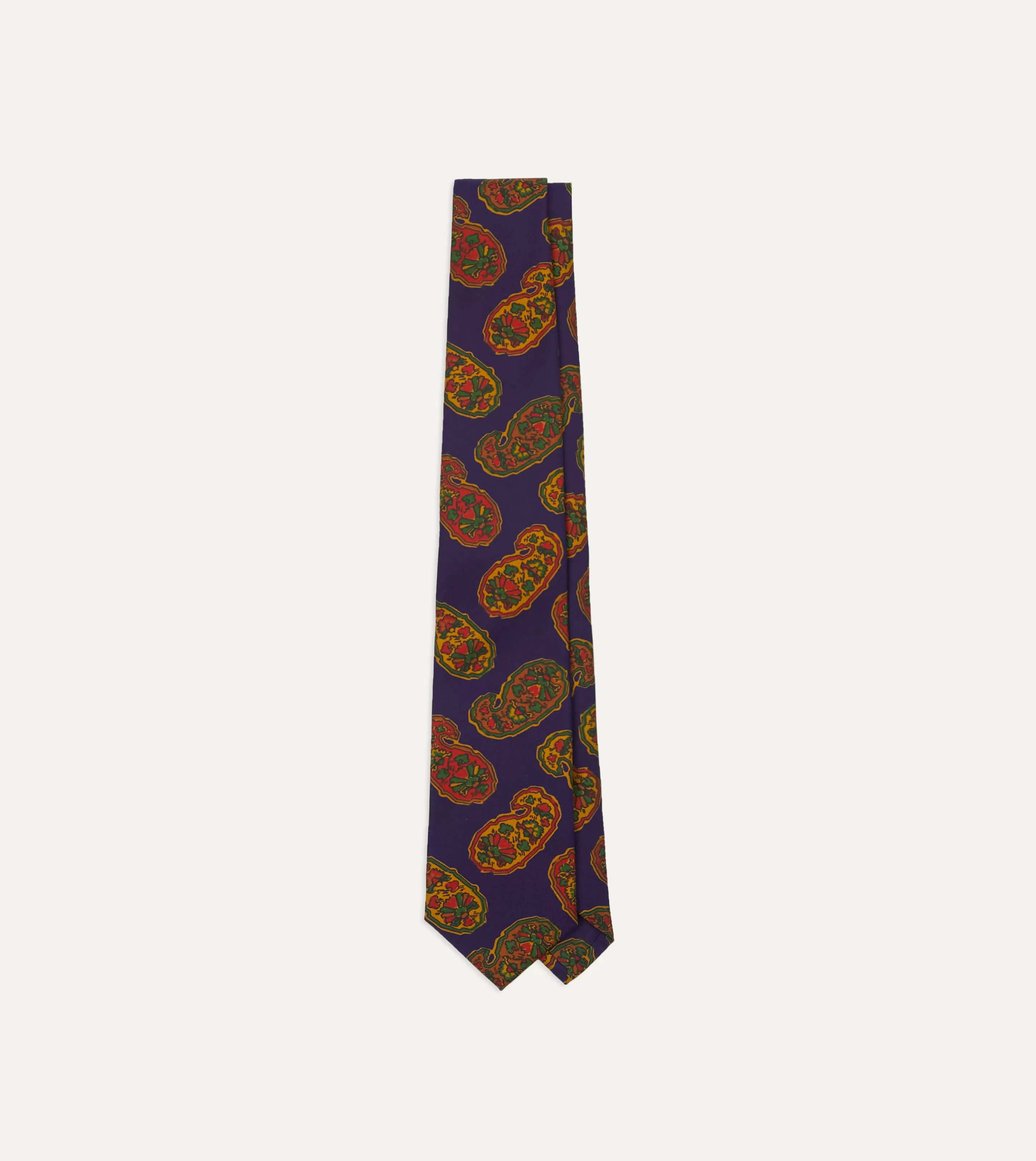 Drake’s Patterned Ties | Purple Large Paisley Print Silk Self Tipped Tie