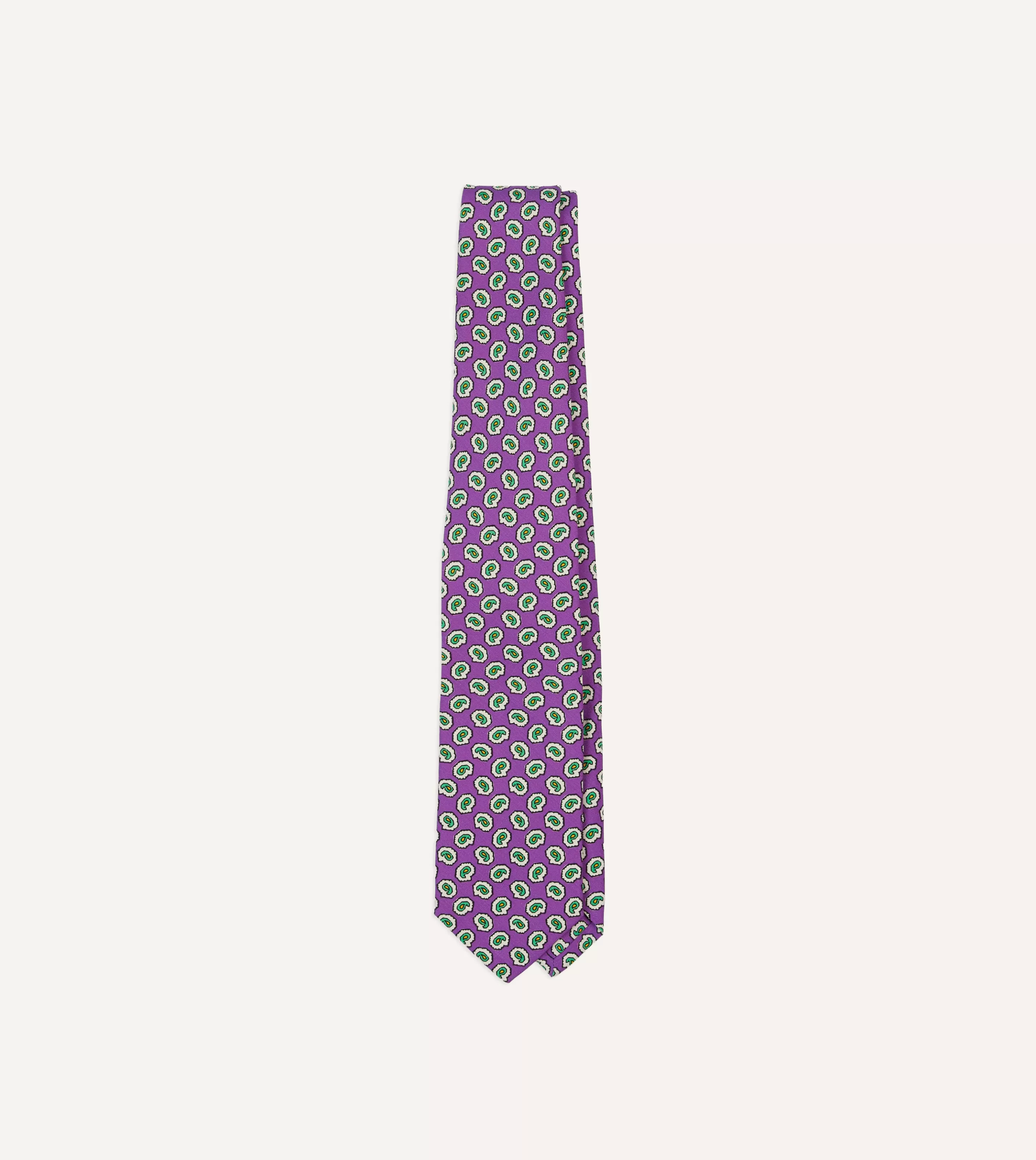 Drake’s Patterned Ties | Small Paisley Leaf Print Silk Self Tipped Tie Purple