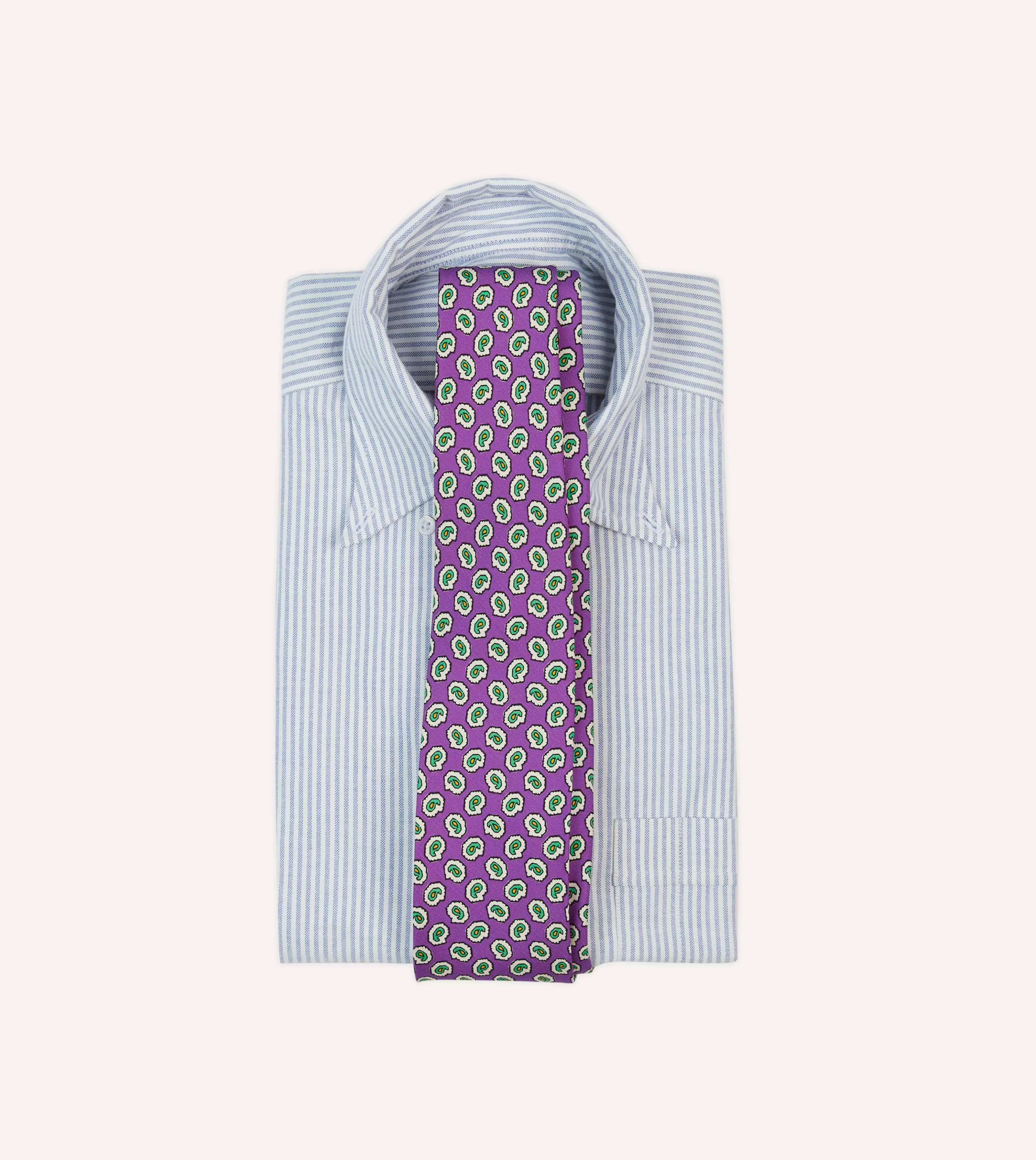 Drake’s Patterned Ties | Small Paisley Leaf Print Silk Self Tipped Tie Purple