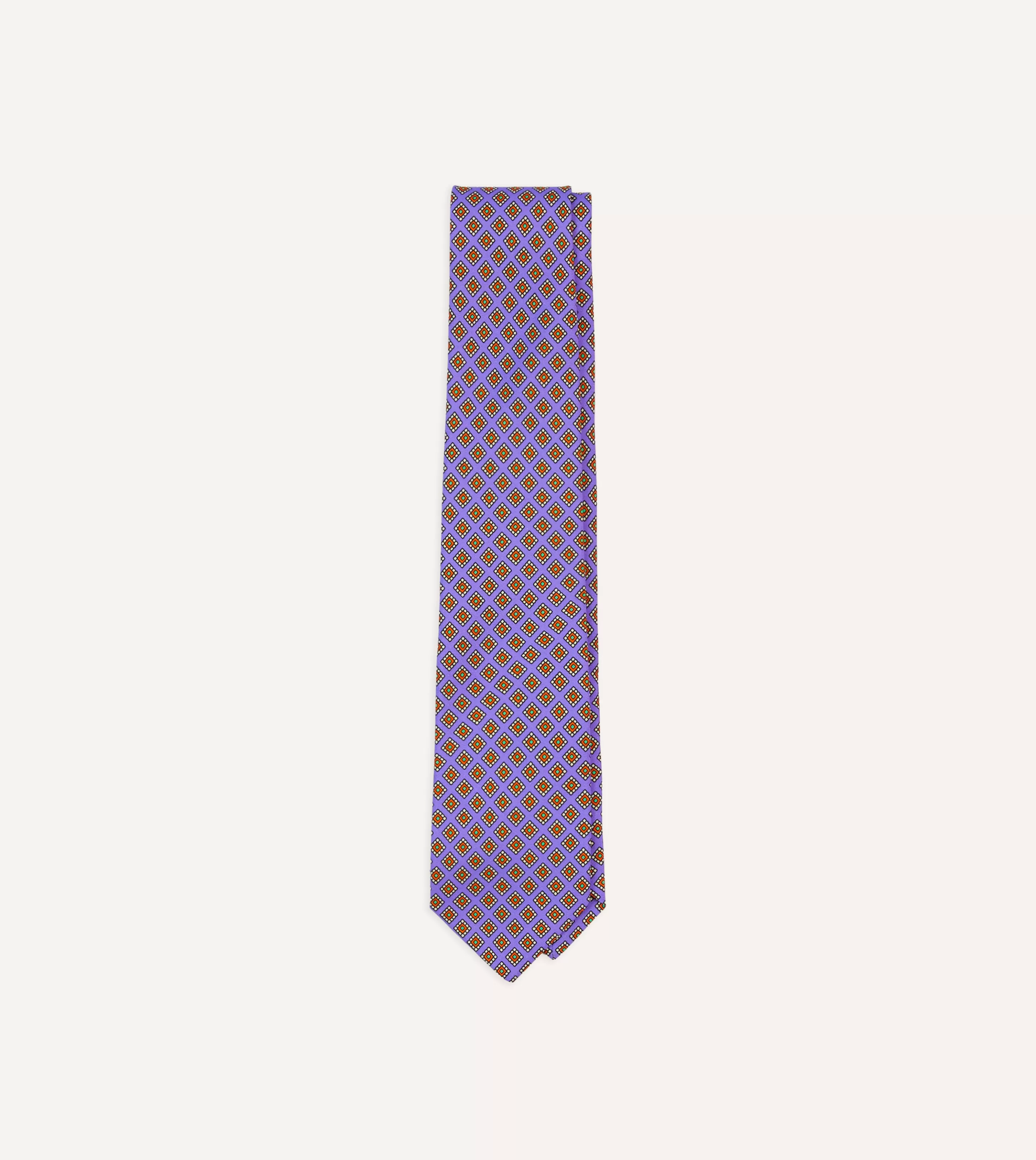 Drake’s Patterned Ties | Square Medallion Self-Tipped Silk Tie Purple