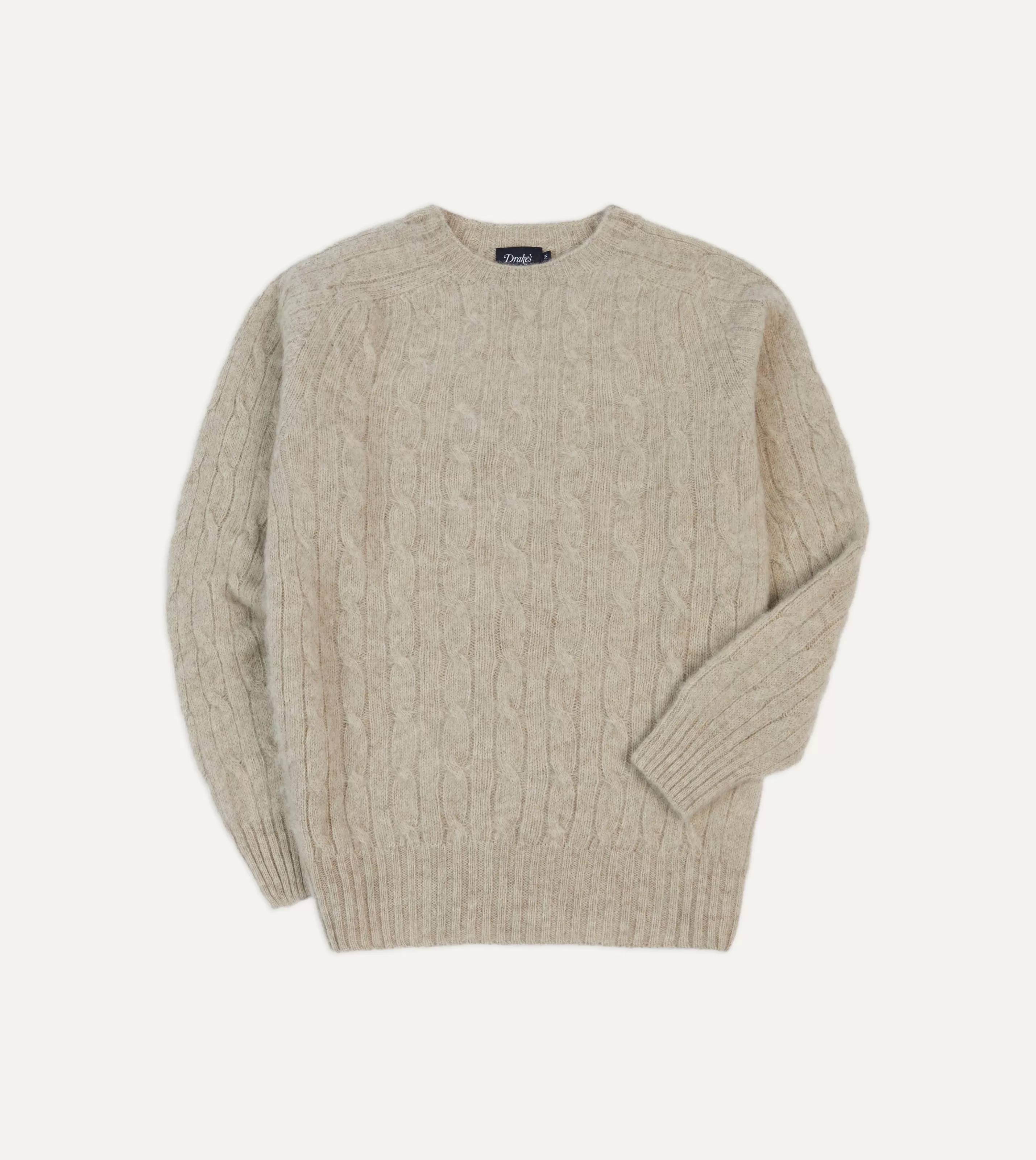 Drake’s Knitwear | Brushed Cable Knit Shetland Crew Neck Jumper Putty