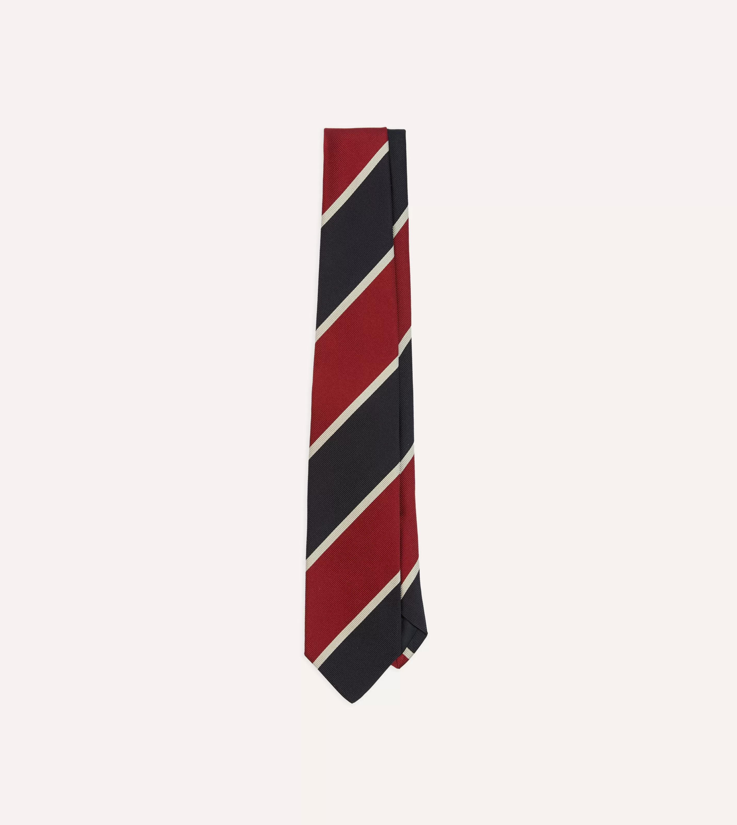 Drake’s Striped Ties | Red And Ecru Broad Stripe Mogador Silk Tipped Tie