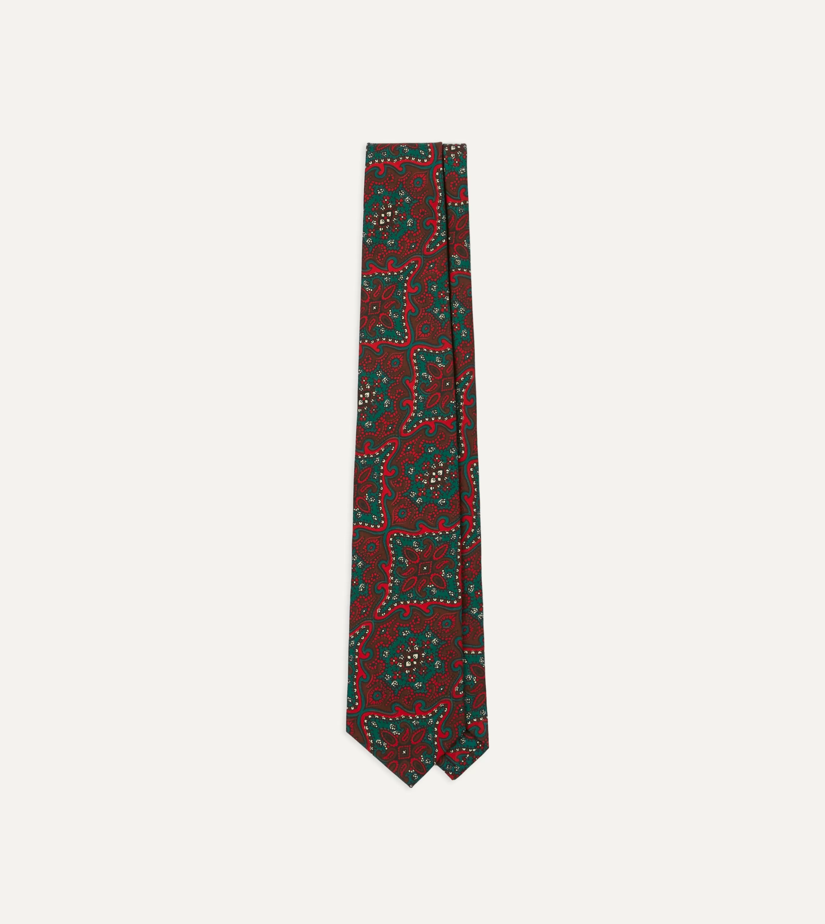 Drake’s Patterned Ties | Red And Green Baroque Print Silk Self Tipped Tie