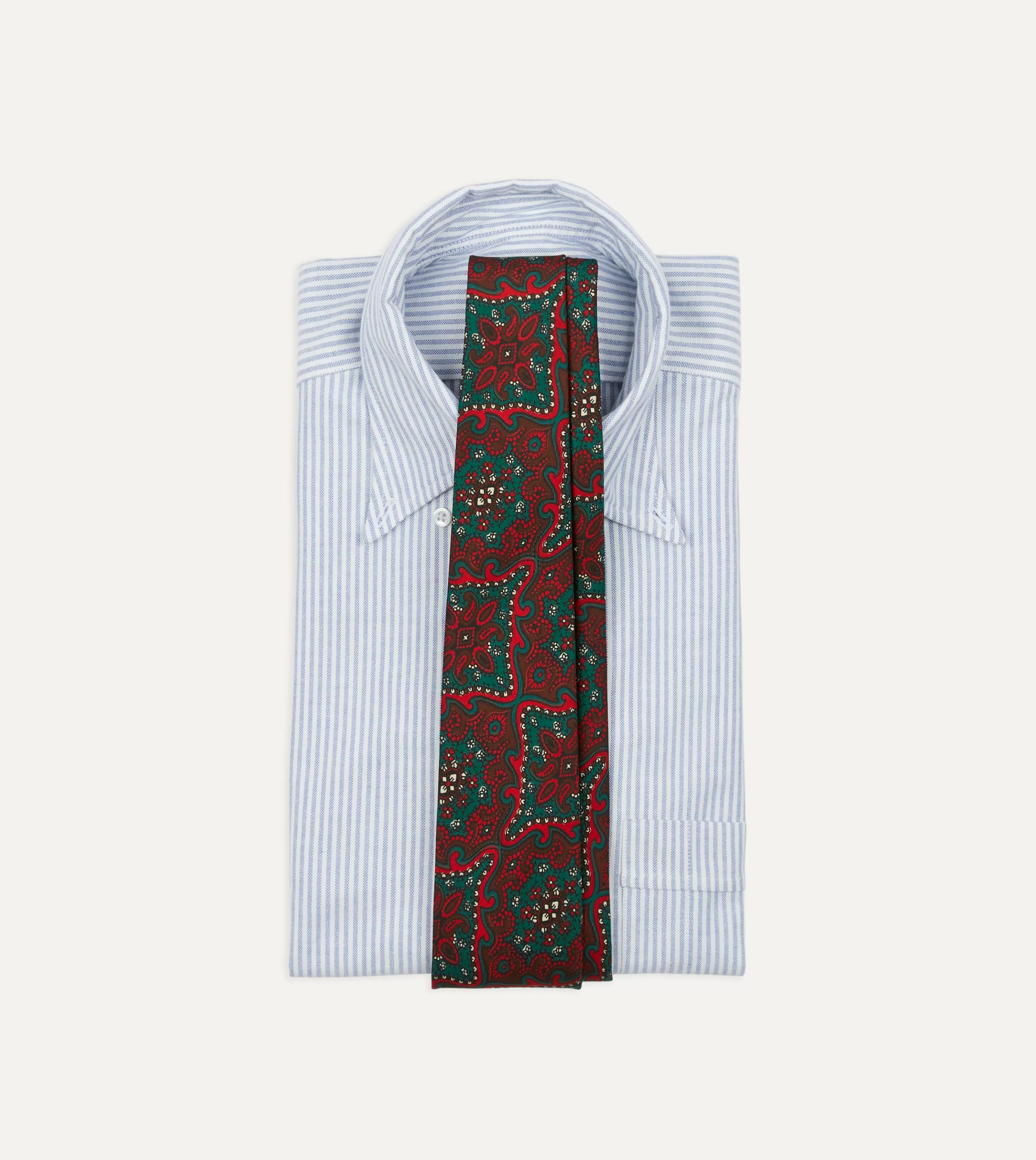 Drake’s Patterned Ties | Red And Green Baroque Print Silk Self Tipped Tie