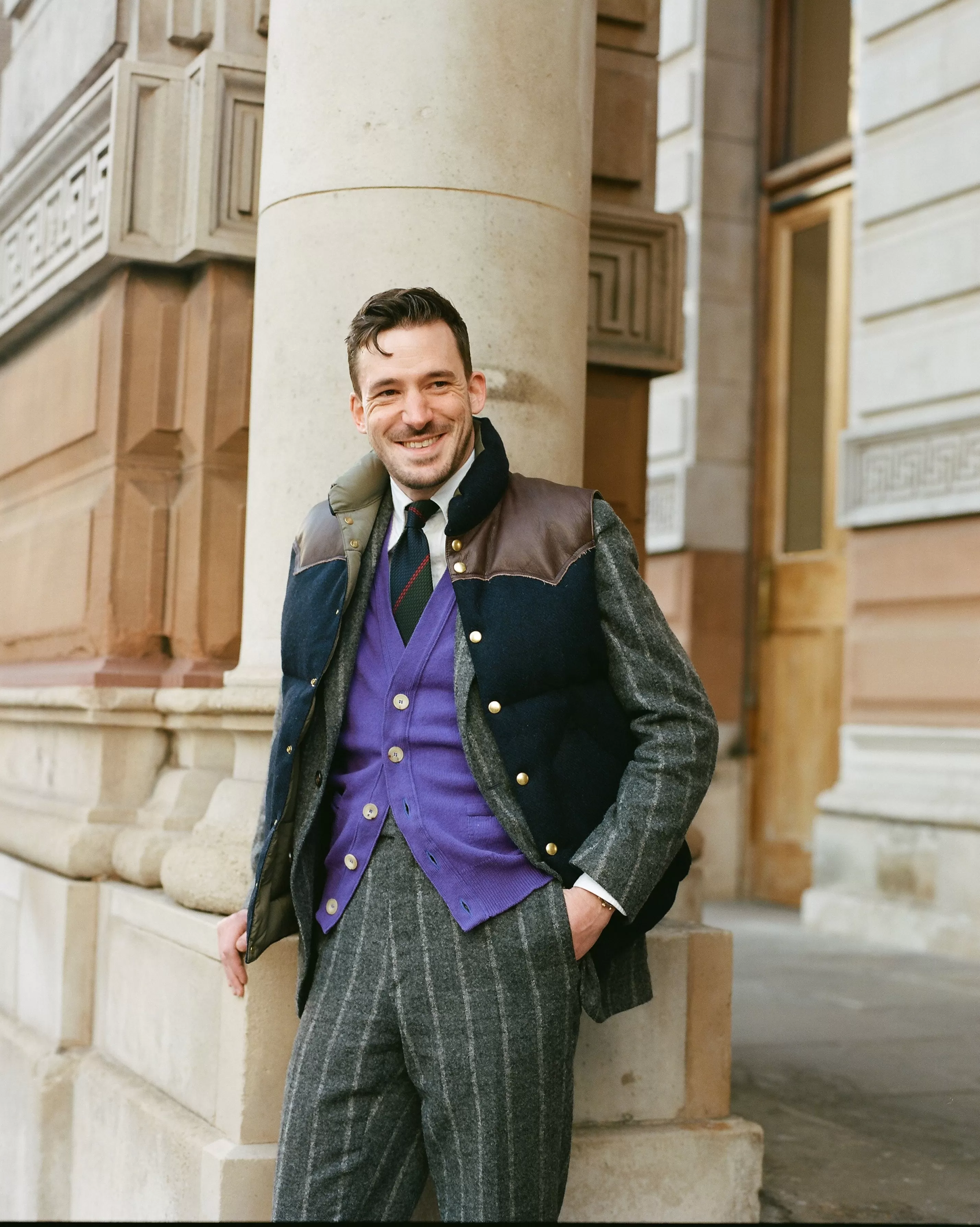 Drake’s Coats & Jackets | Rocky Mountain Featherbed For Drake's Navy Harris Tweed Leather Christy Down Vest