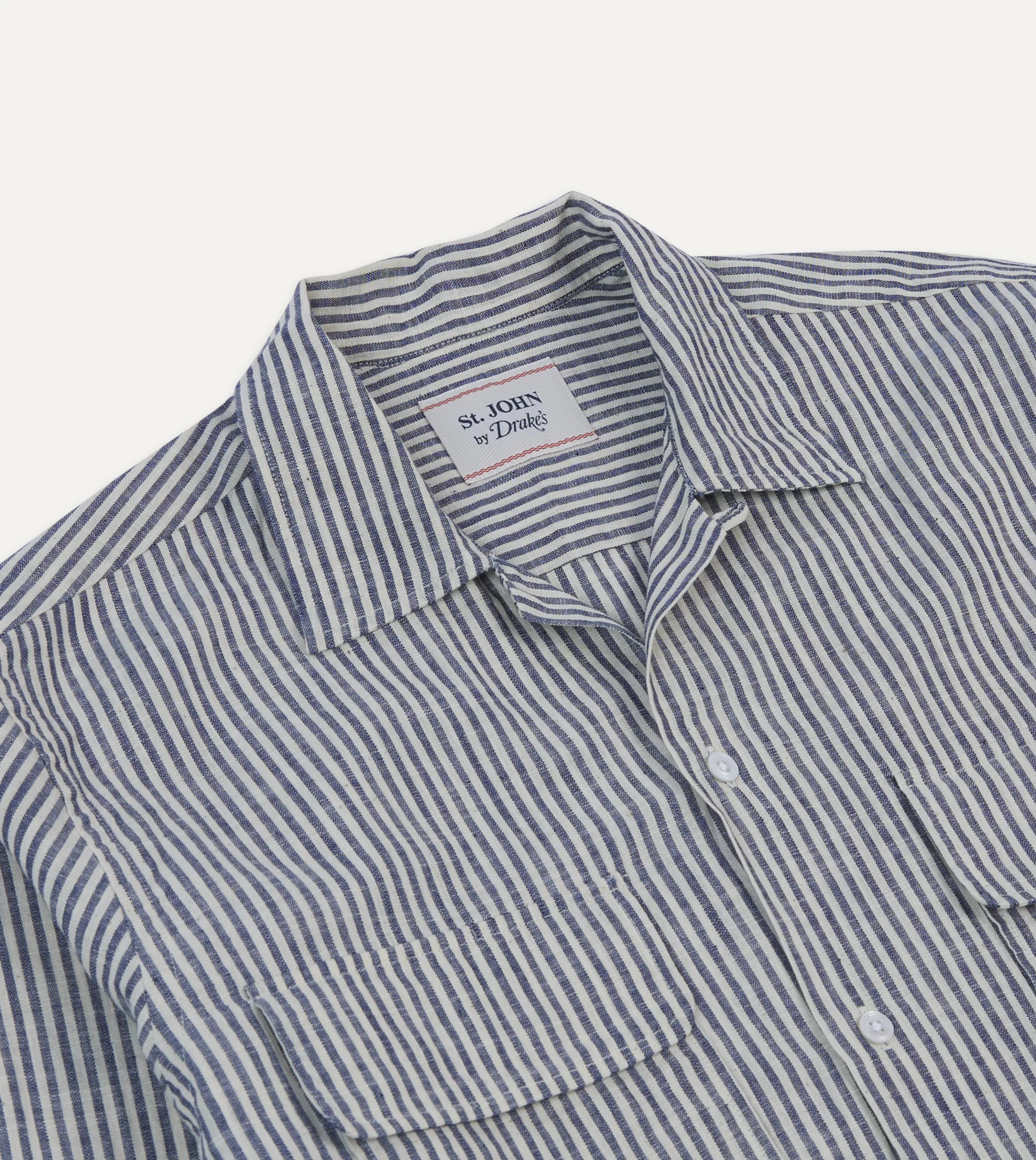 Drake’s Shirts | Casual Shirts | St. JOHN By Drake's Indigo Stripe Linen Camp Collar Long Sleeve Shirt