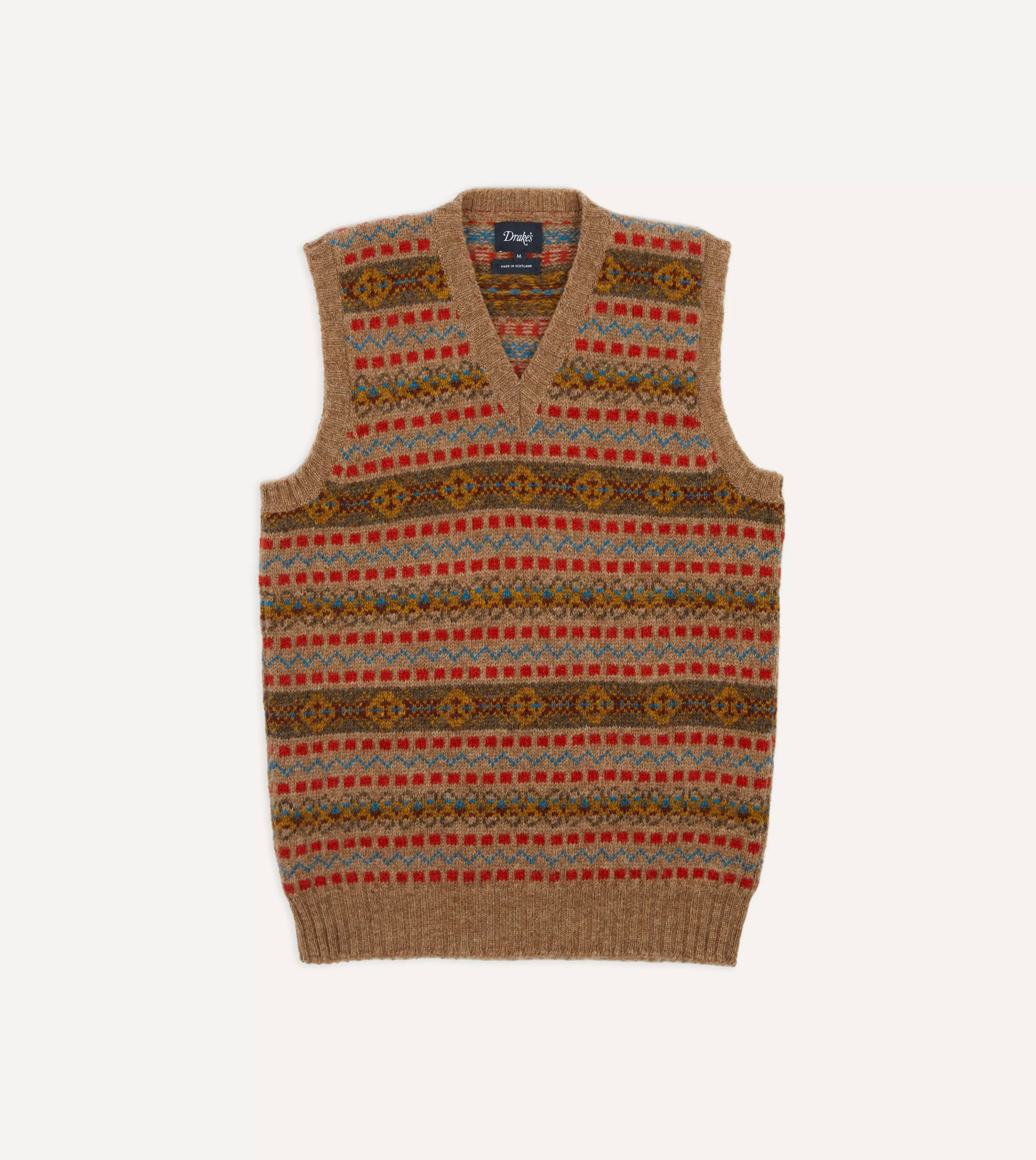 Drake’s Knitwear | Tan Fair Isle Lambswool Sleeveless V-Neck Jumper