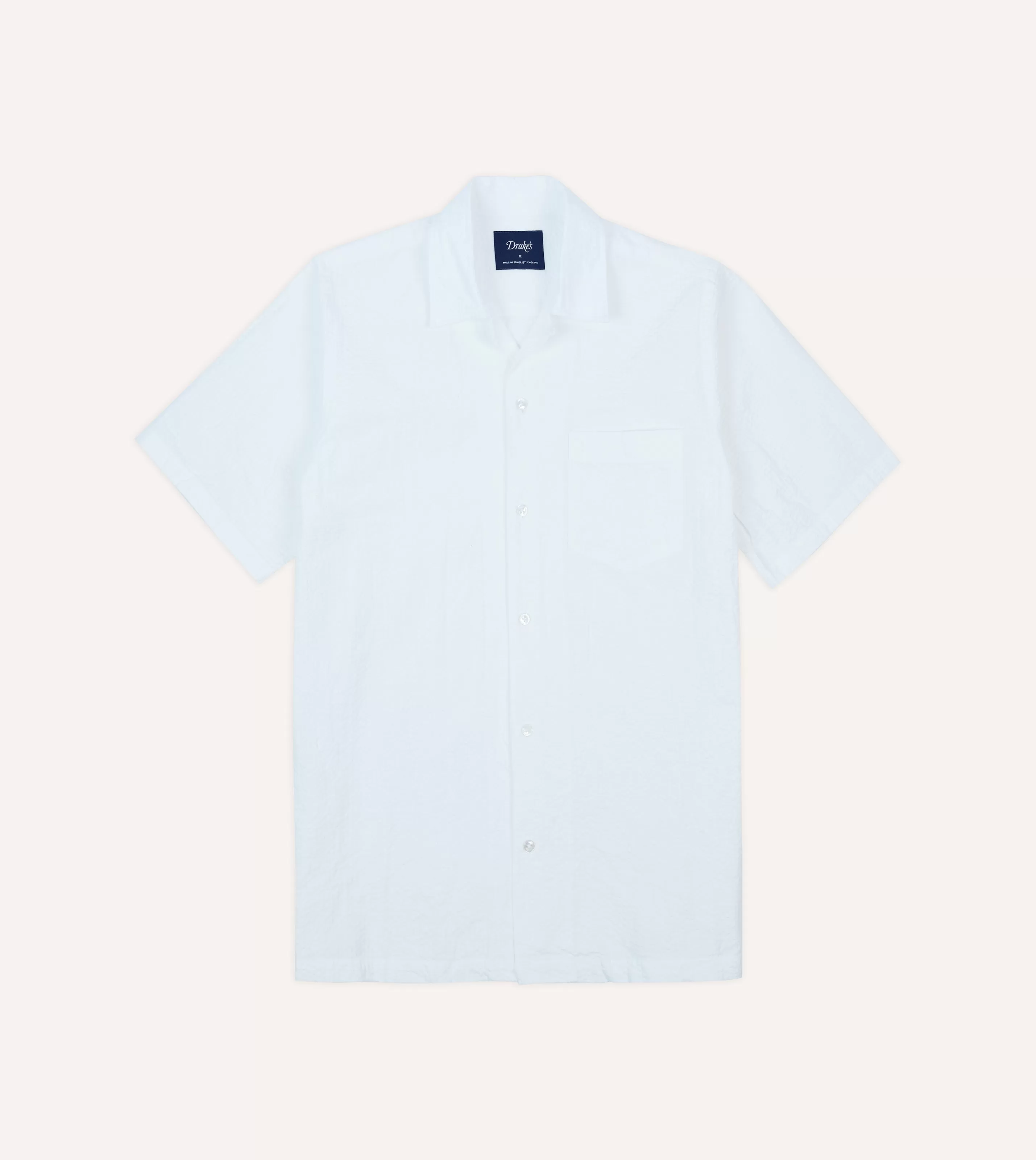 Drake’s Shirts | Short Sleeve Shirts | White Cotton-Linen Seersucker Camp Collar Short Sleeve Shirt