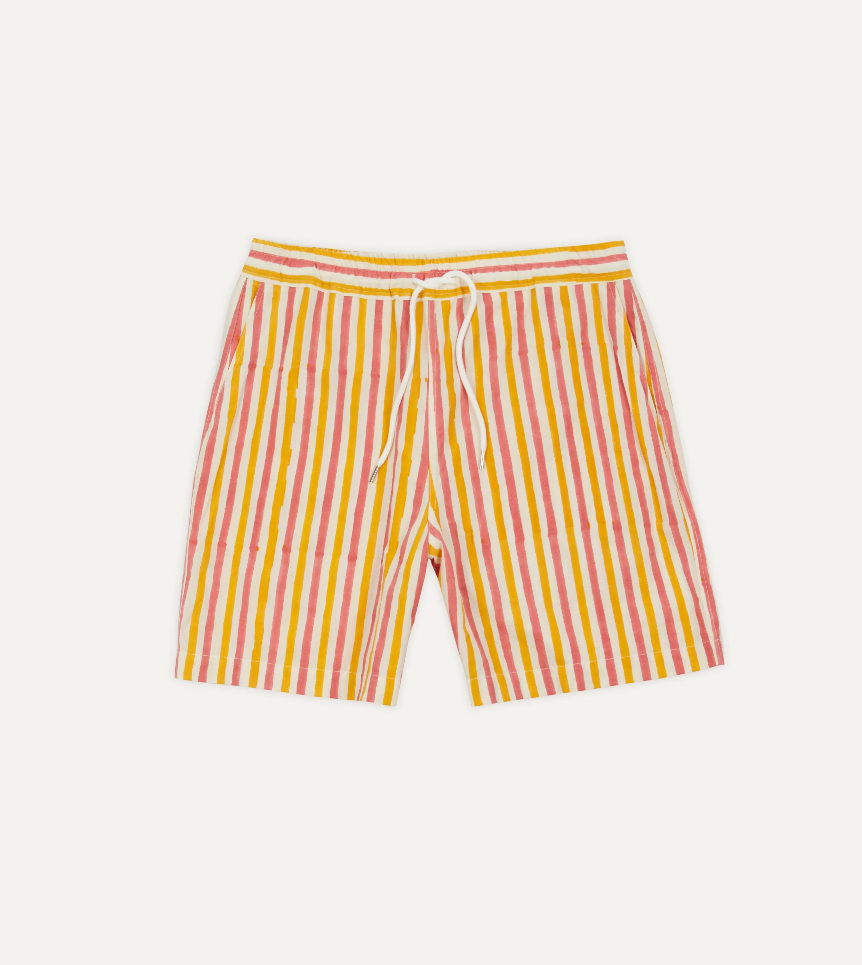 Drake’s Shorts | Yellow And Pink Stripe Block Print Cotton Drawstring Shorts
