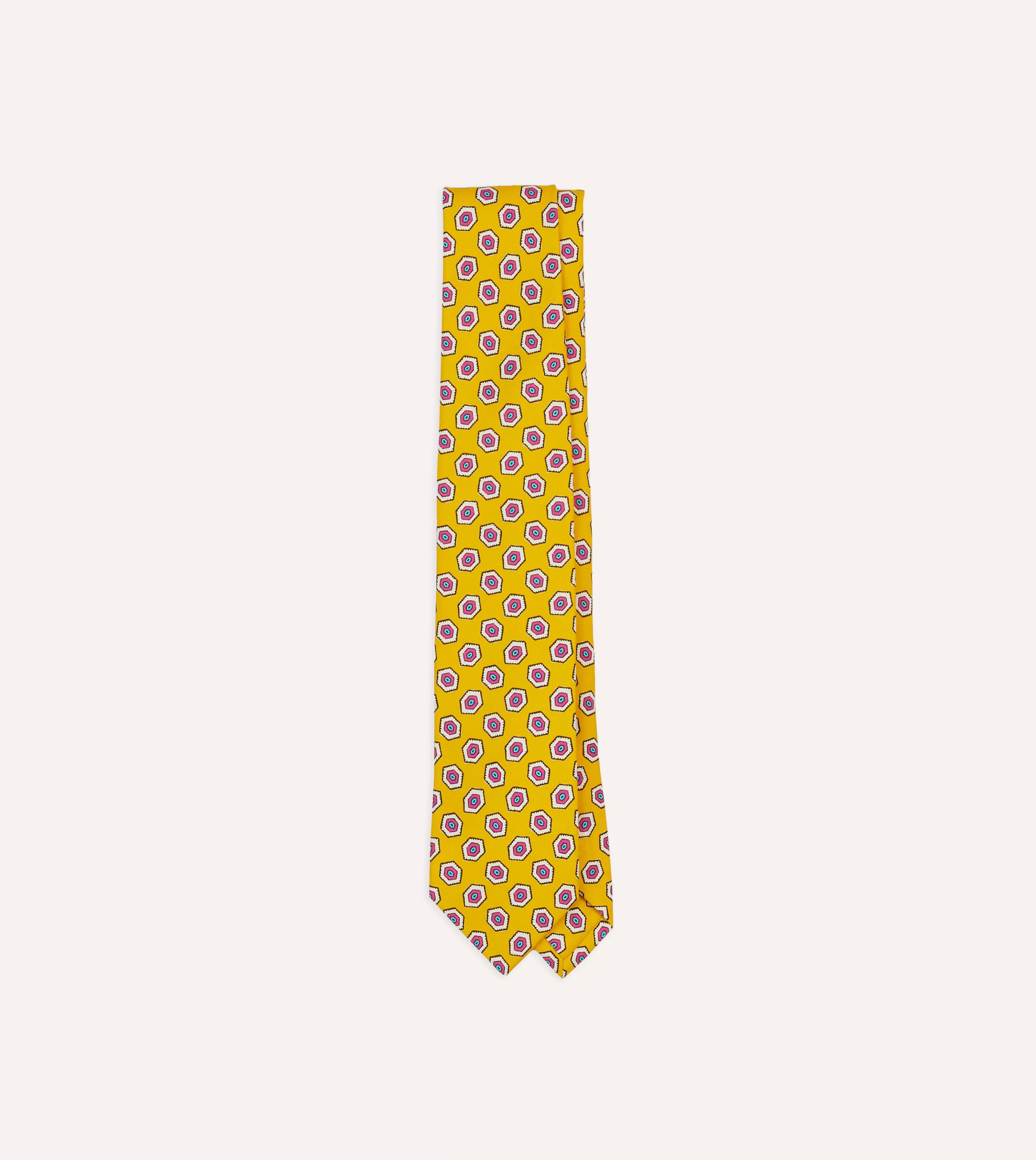 Drake’s Patterned Ties | Hexagon Tile Print Silk Self-Tipped Tie Yellow