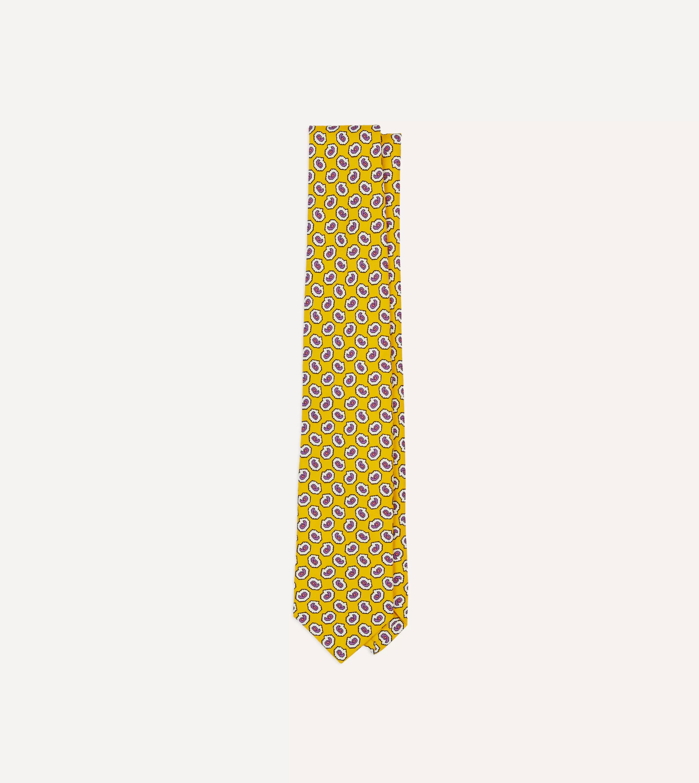 Drake’s Patterned Ties | Small Paisley Leaf Print Silk Self Tipped Tie Yellow