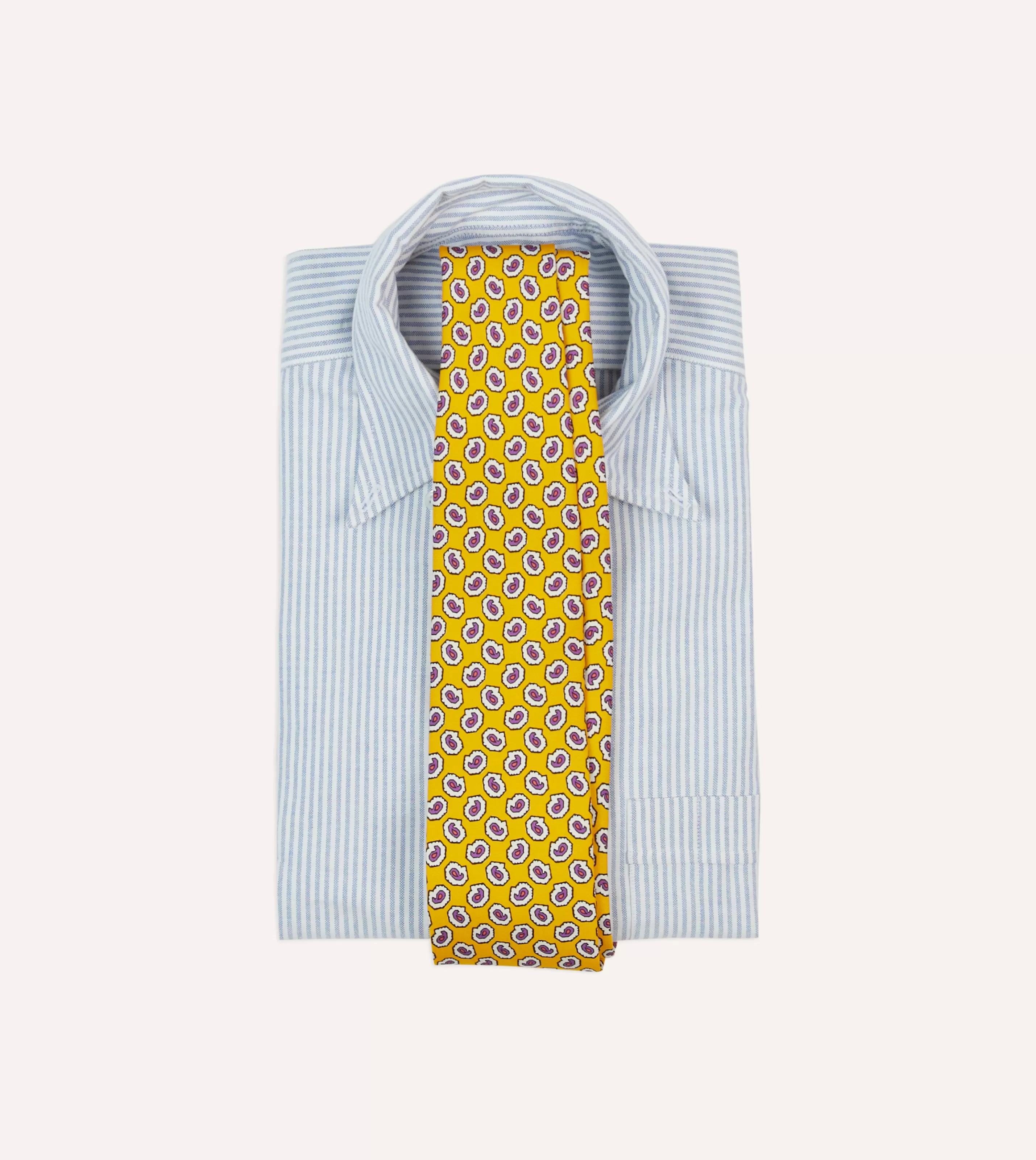 Drake’s Patterned Ties | Small Paisley Leaf Print Silk Self Tipped Tie Yellow