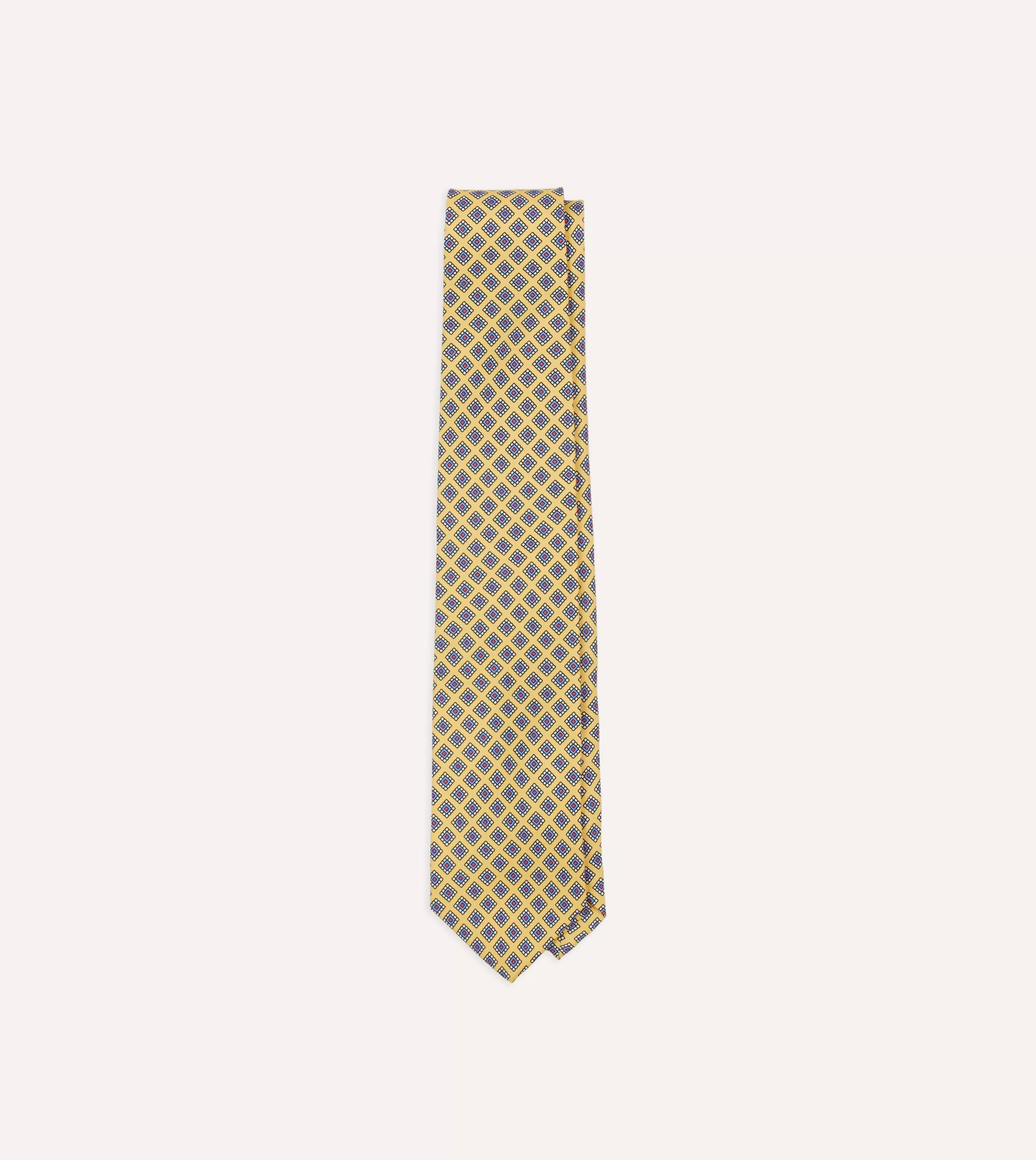 Drake’s Patterned Ties | Square Medallion Self-Tipped Silk Tie Yellow